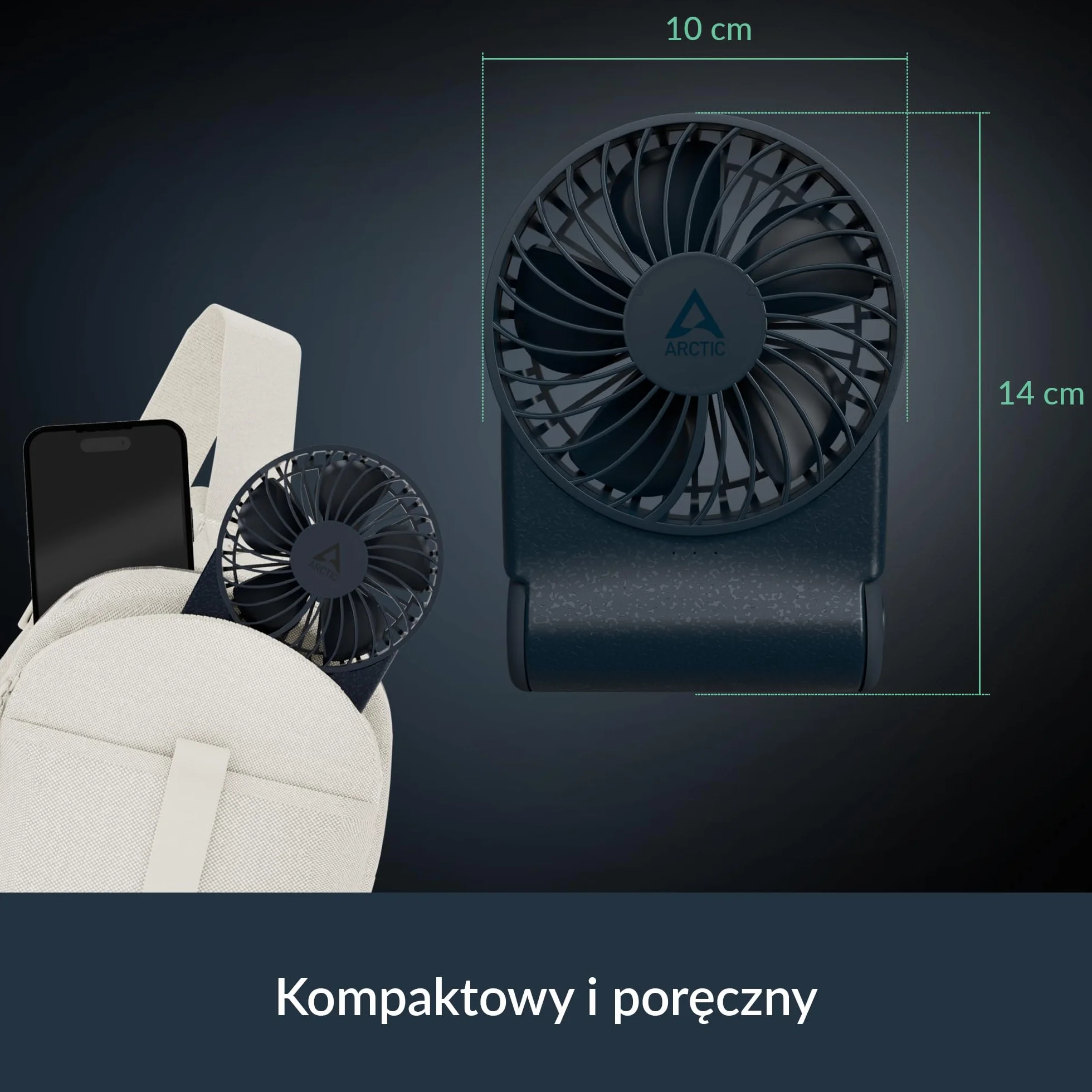 ARCTIC Summair 2Go (Dark Blue) - Wentylator Kieszonkowy z Akumulatorem i Stojakiem, Bezstopniowa Regulacja Prędkości, Czas Pracy 4-70 h, Połączenie USB-C (w tym Kabel USB-A) - Niebieski