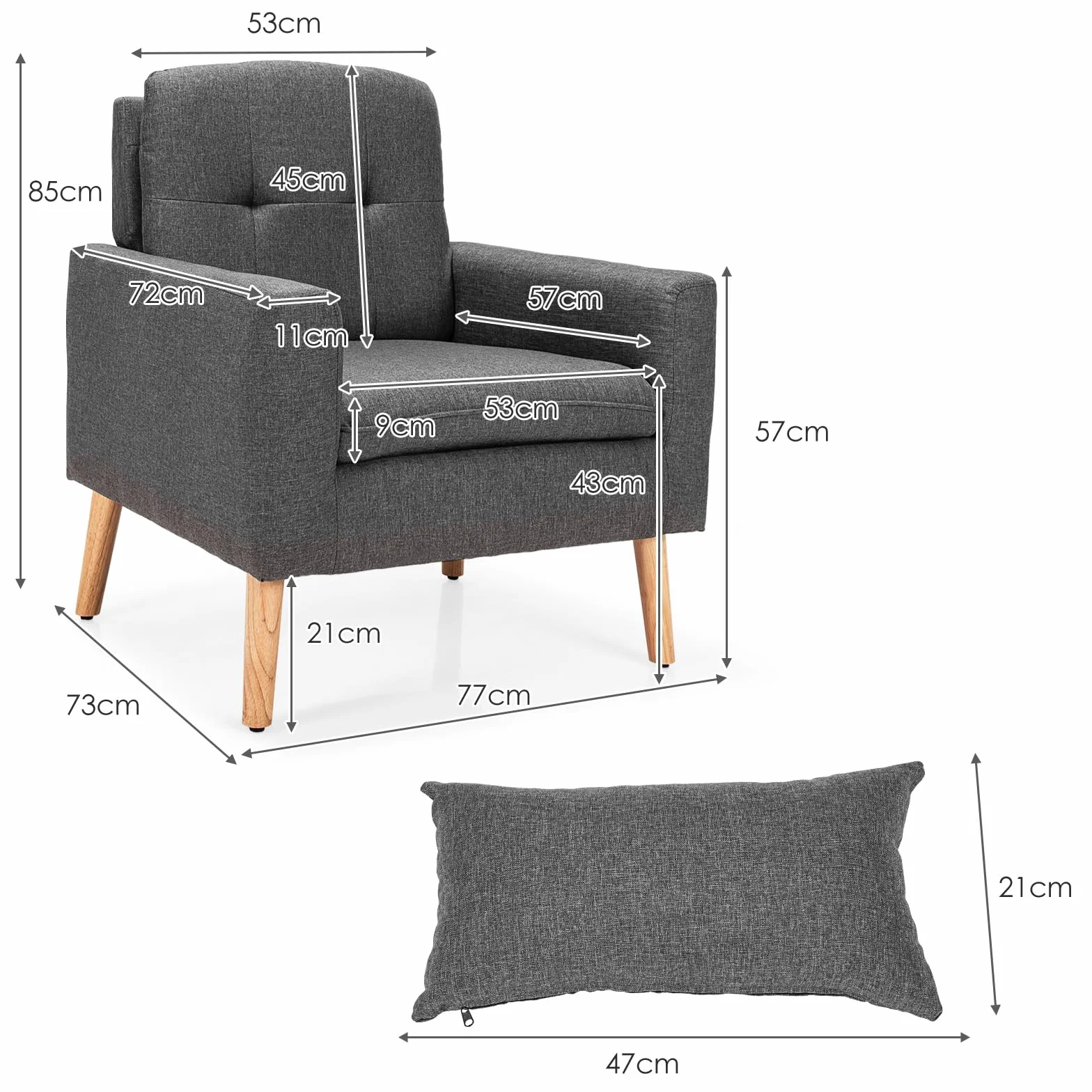 COSTWAY Fotel relaksacyjny z podłokietnikami i poduszką pod plecy, pojedyncza sofa tapicerowana, fotel telewizyjny, szary, fotel klubowy do salonu, sypialni i biura, JV10104GRDE