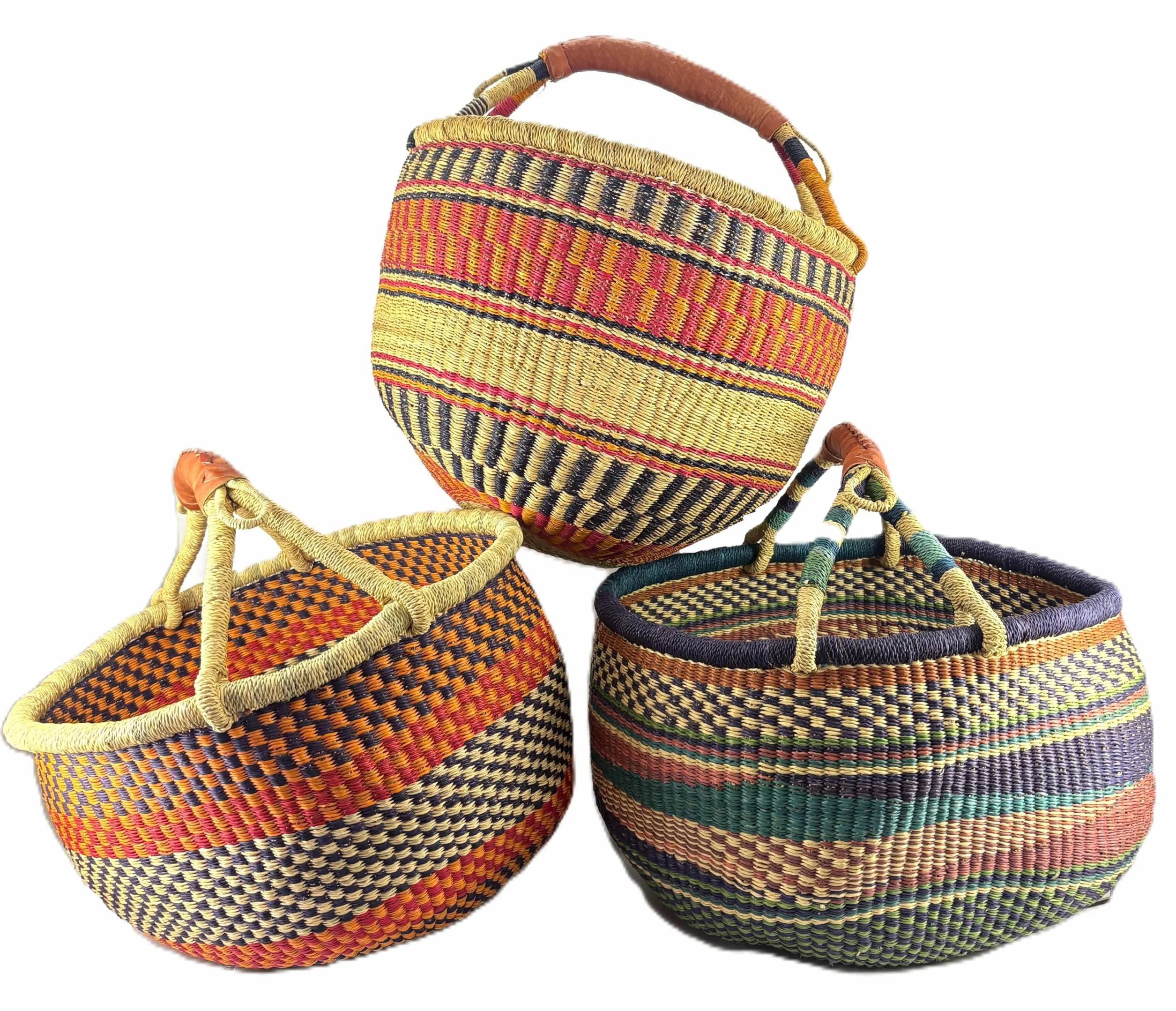 Duży okrągły kosz Bolga oryginalny afryka Ghana koszyk na zakupy skórzany uchwyt Fair Trade Ca: 35-40 cm