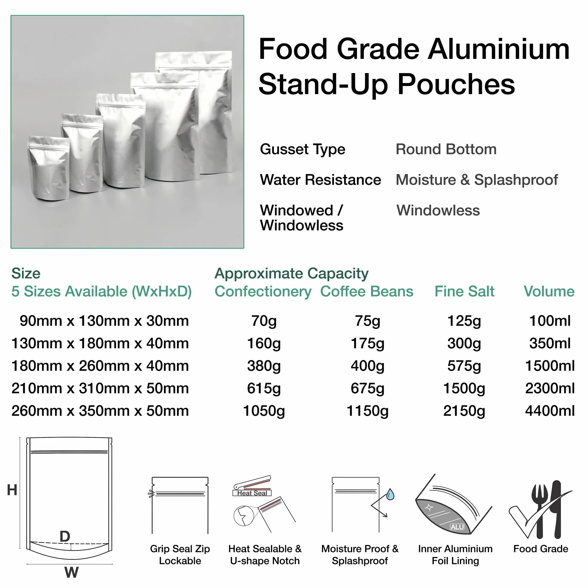 Evergreen Goods woreczki do przechowywania żywności z folii aluminiowej, wielokrotnego użytku, zamek błyskawiczny, samodzielne wstawanie, zamykane termicznie z nacięciem, herbata, ziarna kawy,