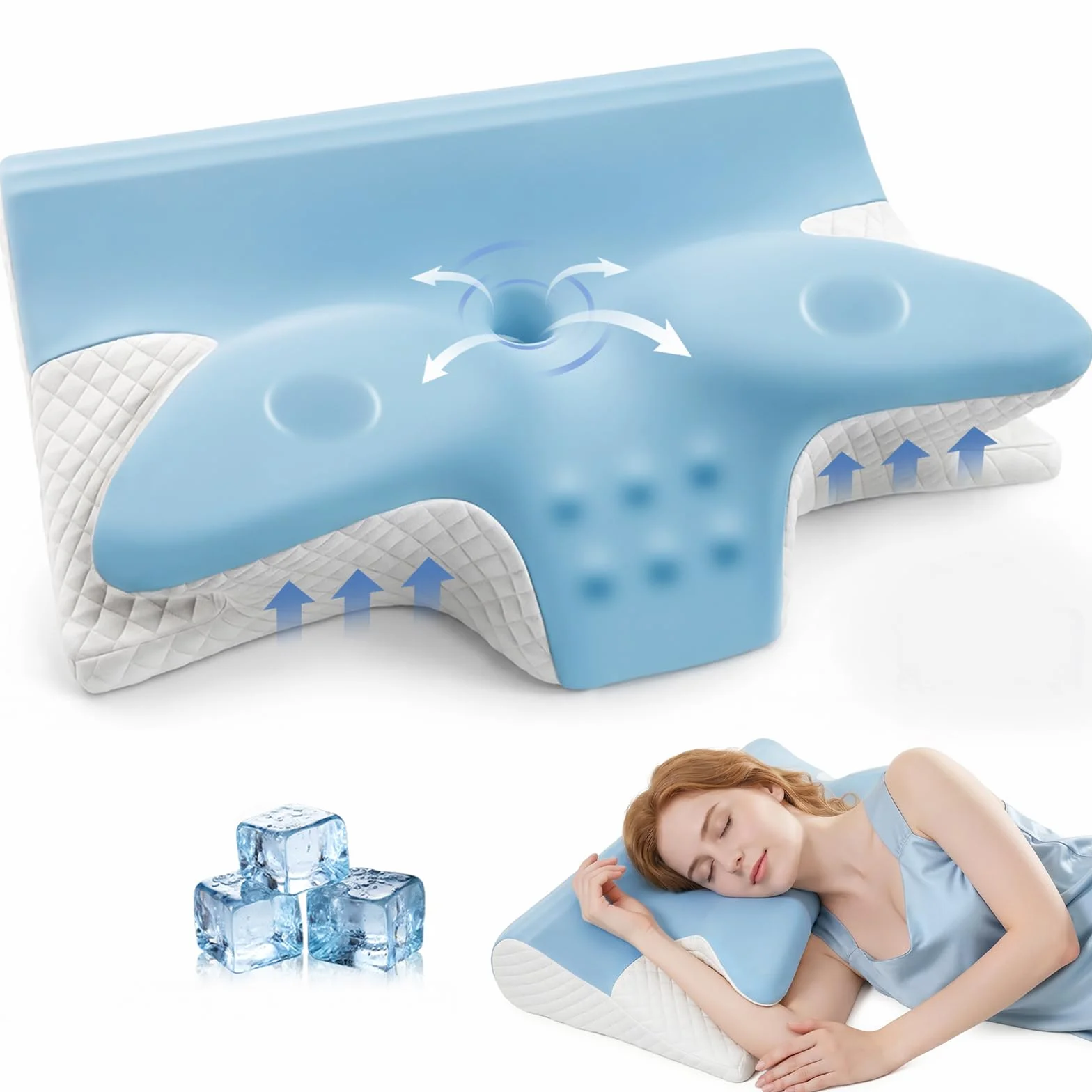 Poduszka Ortopedyczna do Spania Profilowana 2w1, Ergonomiczna Pianka Memory, pod Szyję i Kark, Przeciw Chrapaniu, dla Śpiących na Boku, Plecach i Brzuchu, 60x42x14/12 cm (Niebieska)