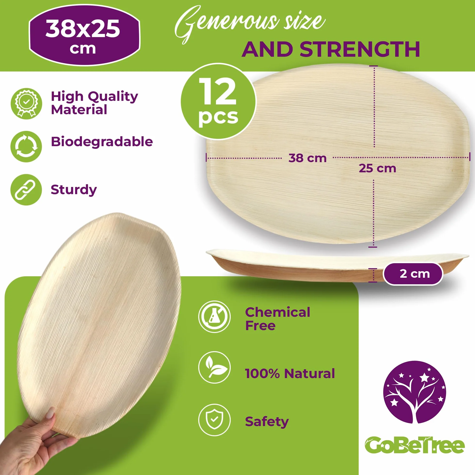 GoBeTree 12 Talerze Jednorazowe z Liścia Palmowego 38x25 cm Bambus. Talerze na Serwowanie, Dzielenie i Pieczenie, Jednorazowe Rustykalne