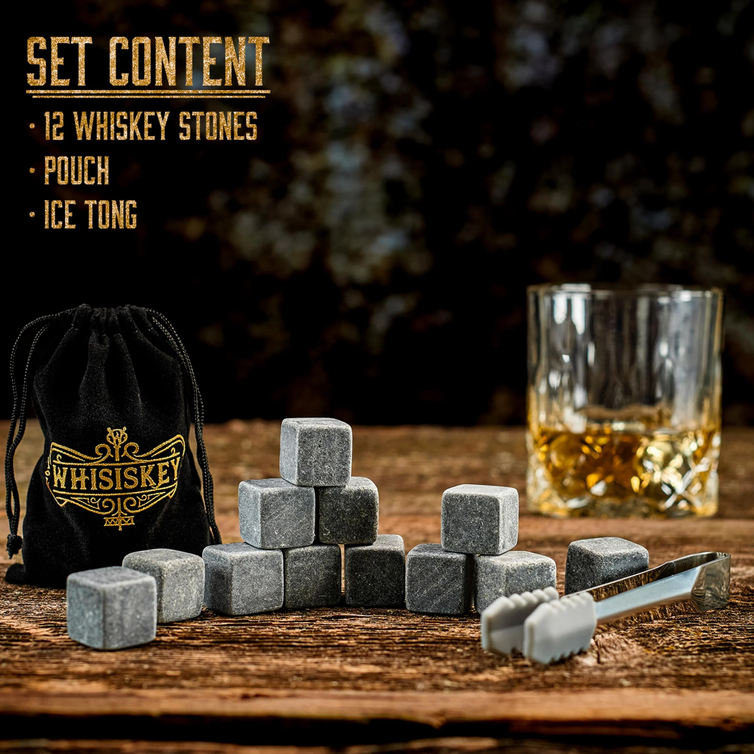 WHISISKEY Zestaw Kamienie do Whisky - 12 Kamieni do Whiskey - Prezenty dla Mężczyzn - Akcesoria do Whisky - Wielokrotnego Użytku Kostki Lodu - Pomysły na Prezent dla Mężczyzny