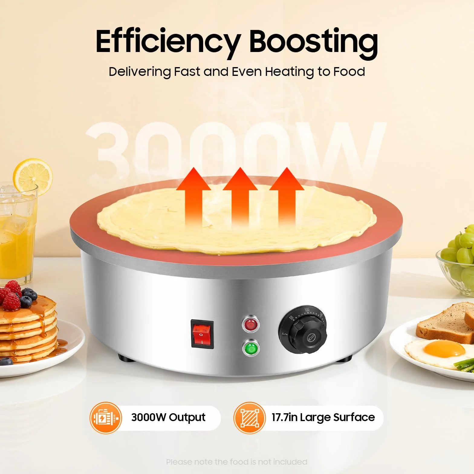 Elektryczna maszynka do naleśników, 45 cm, 3000 W, gastronomiczna – profesjonalna żeliwna płyta do naleśników i piekarni do smażenia naleśników, yufka i naleśników, 50-300°C, z łopatką i rozdzielaczem