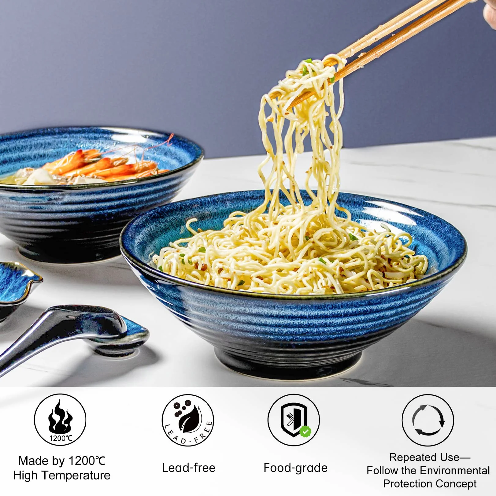 UNICASA Ceramiczne miski na zupę, miski na płatki zbożowe z pałeczkami, łyżką i półką, japońska miska na makaron do azjatyckich ramen, 2 zestawy