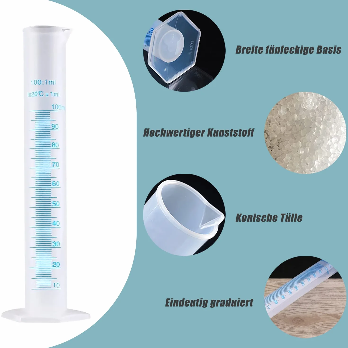 LATRAT Cylinder pomiarowy z tworzywa sztucznego, przezroczysty, 100 ml, tworzywo sztuczne (100 ml)