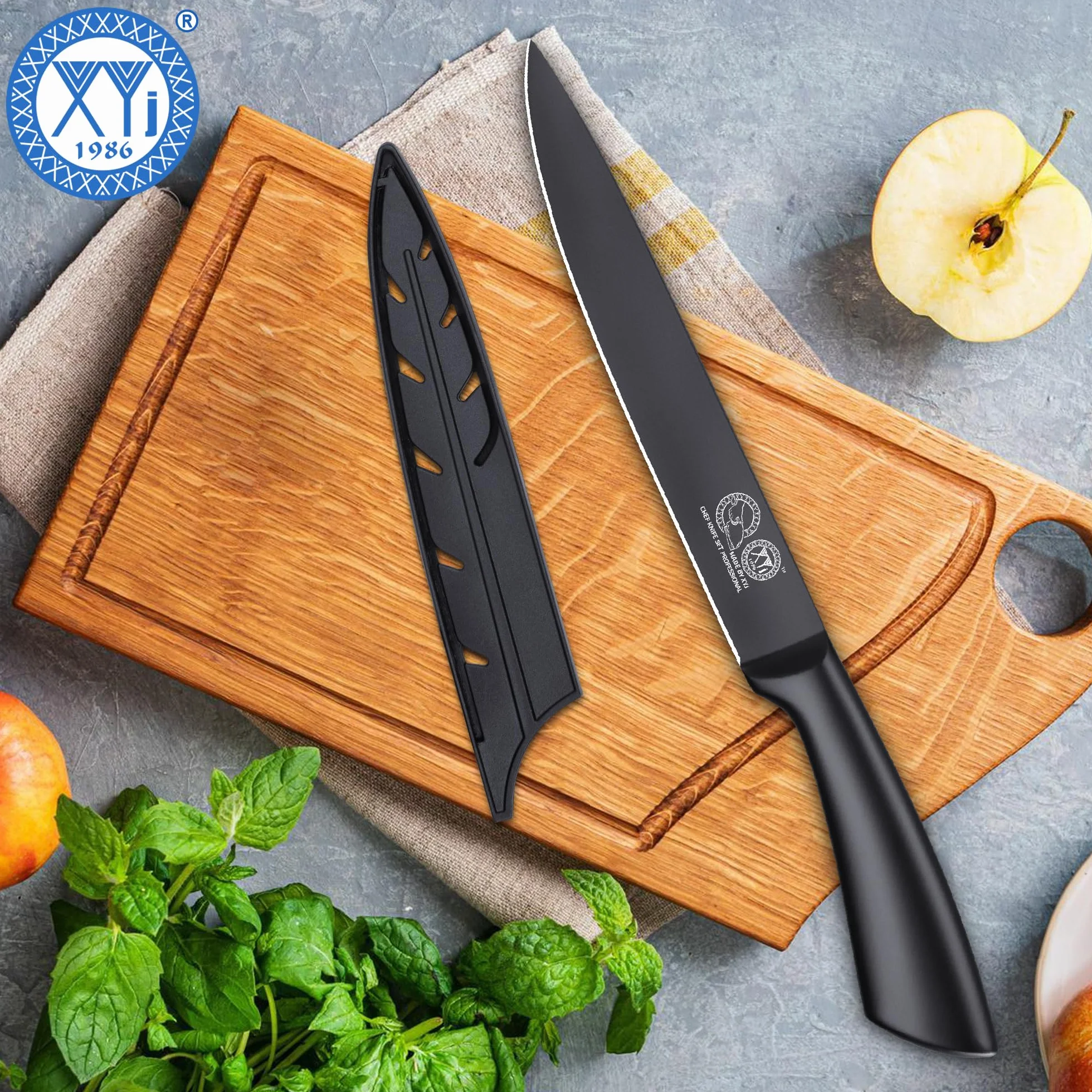 XYJ Kitchen Knife,8 Inch Black Stainless Steel Brisket Knife,Professional Chef Knife,Carving Boning Meat Cleaver BBQ Knife with Ergonomic Handle,Plastic Sheath