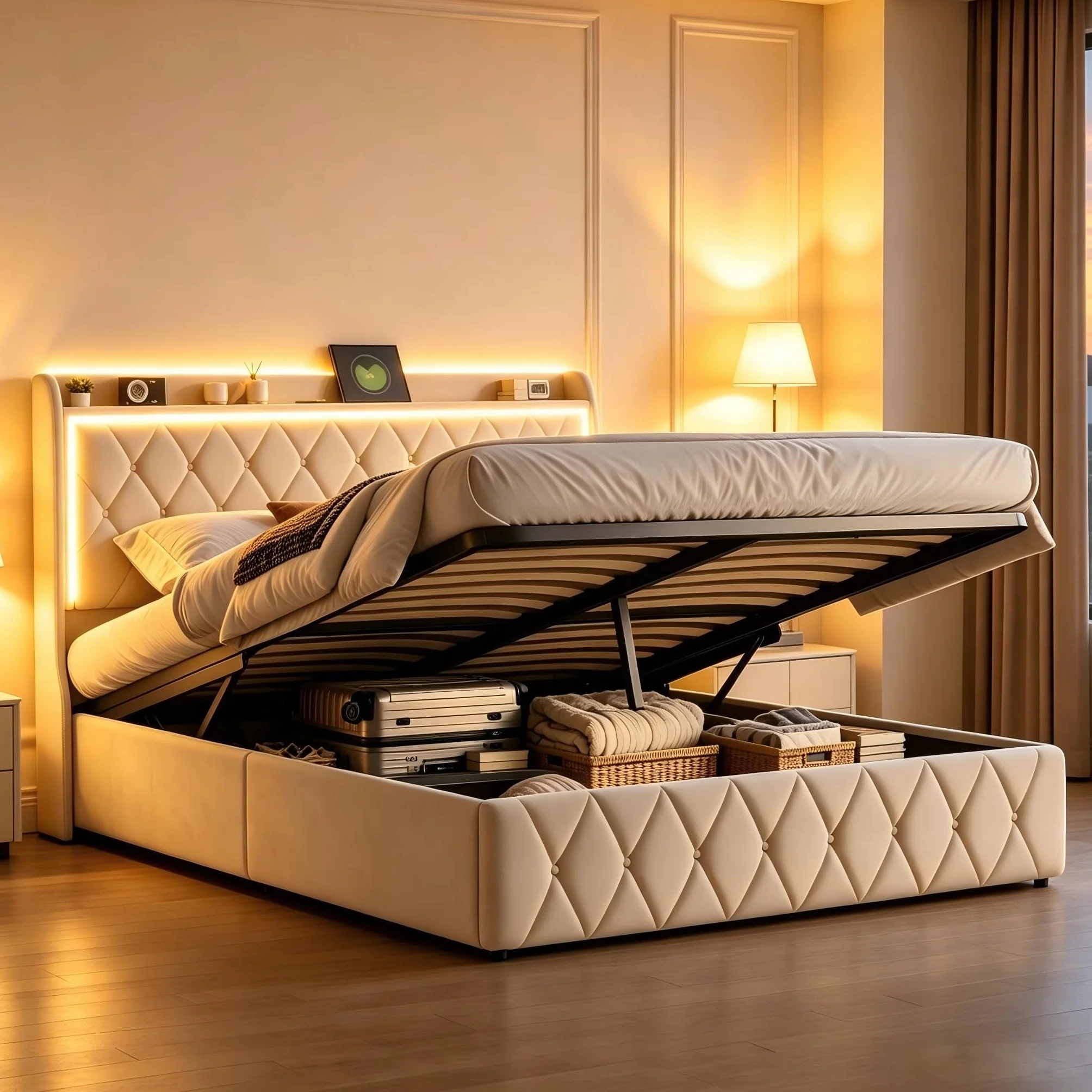 MOTUZP Łóżko tapicerskie o wymiarach 140 x 190 cm z hydraulicznym schowkiem, zagłówek z oświetleniem LED i USB typu C, zagłówek do przechowywania, funkcjonalne łóżko dla dorosłych i młodzieży, bez