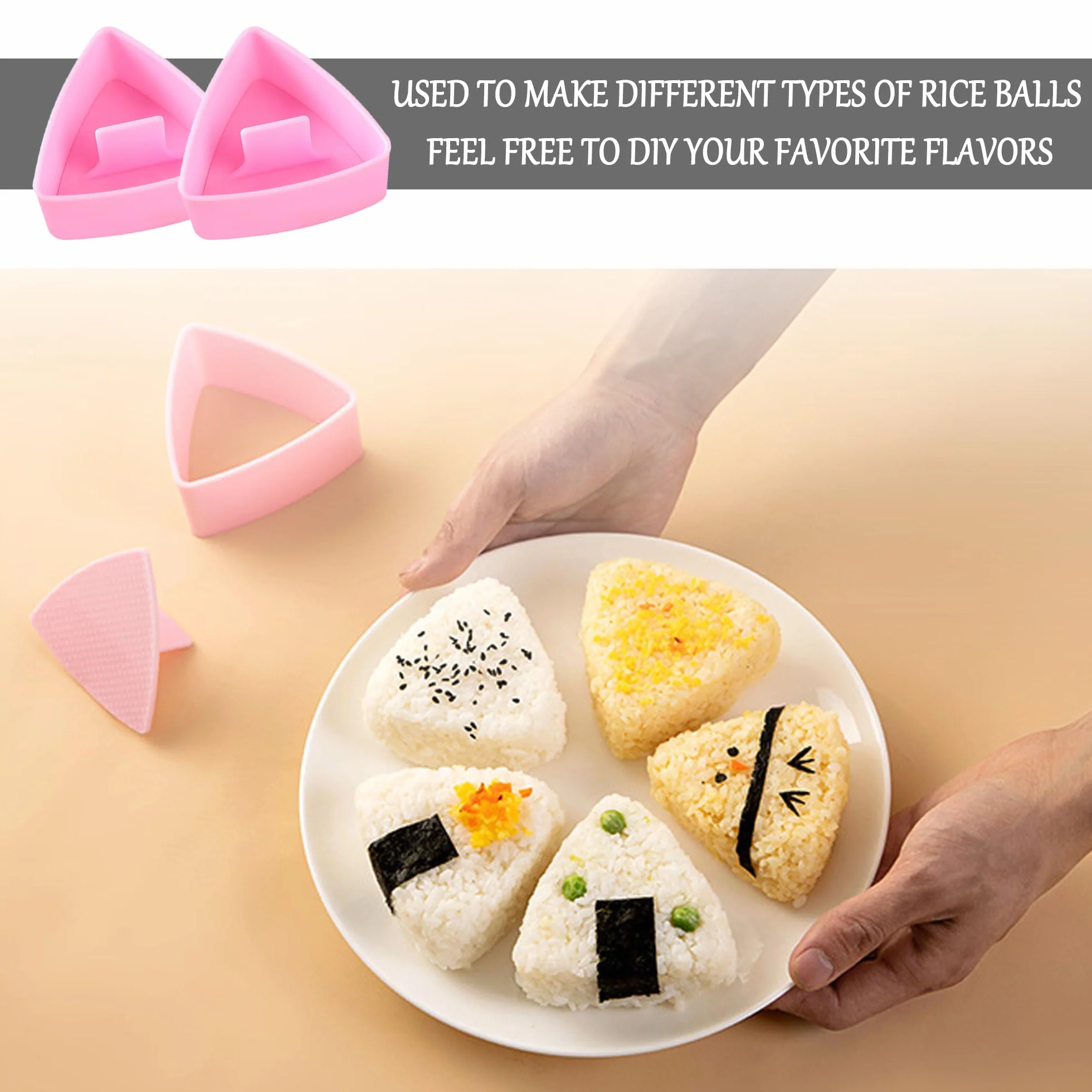 2 trójkątne foremki do sushi z tworzywa sztucznego, z 1 łyżką ryżu, różowe narzędzie do sushi, wielokrotnego użytku
