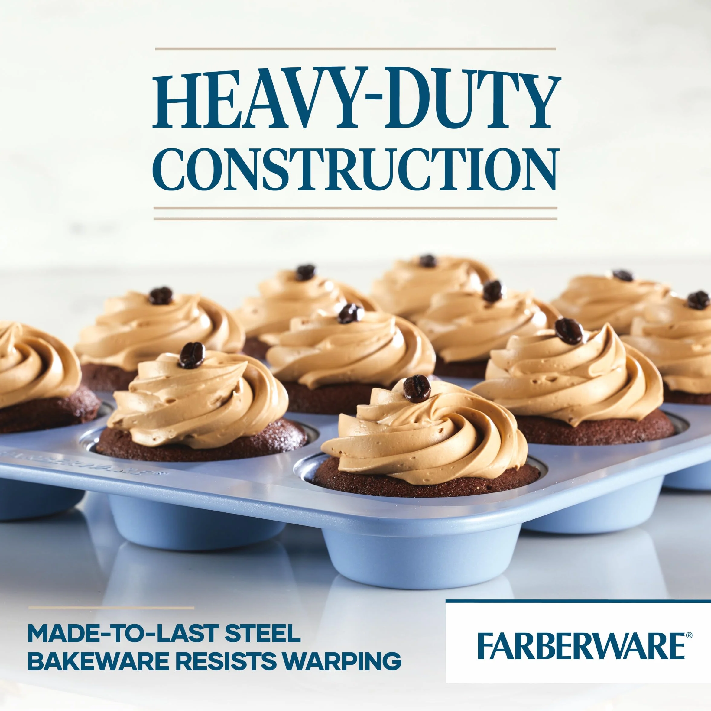 Farberware Easy Solutions nieprzywierająca forma do pieczenia muffinek/babeczek, 12 filiżanek z liniami wypełniającymi - niebieska