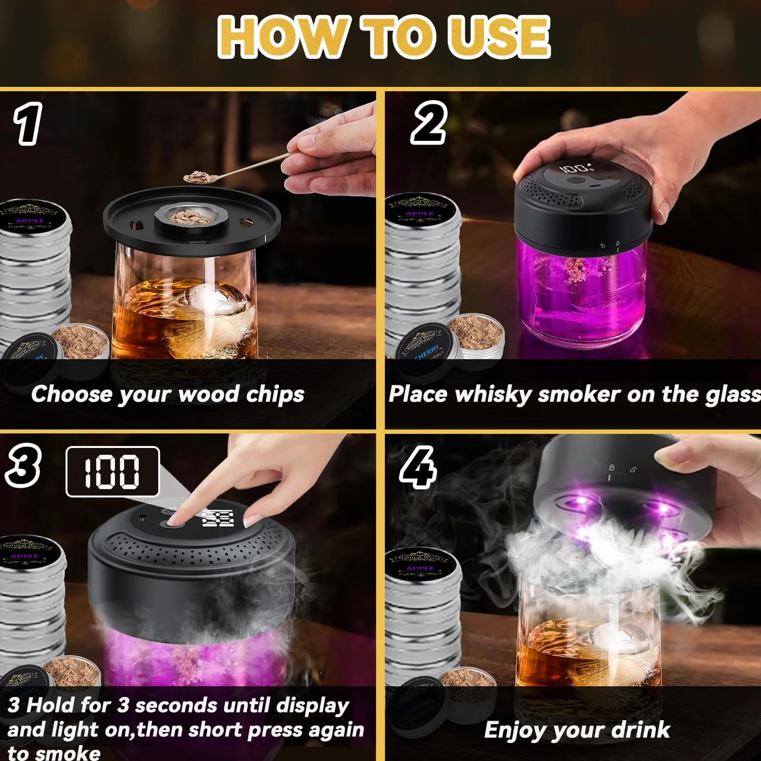 Elektryczna wędzarnia do whisky z ekranem LED i USB-C, zestaw z 6 rodzajami drewna
