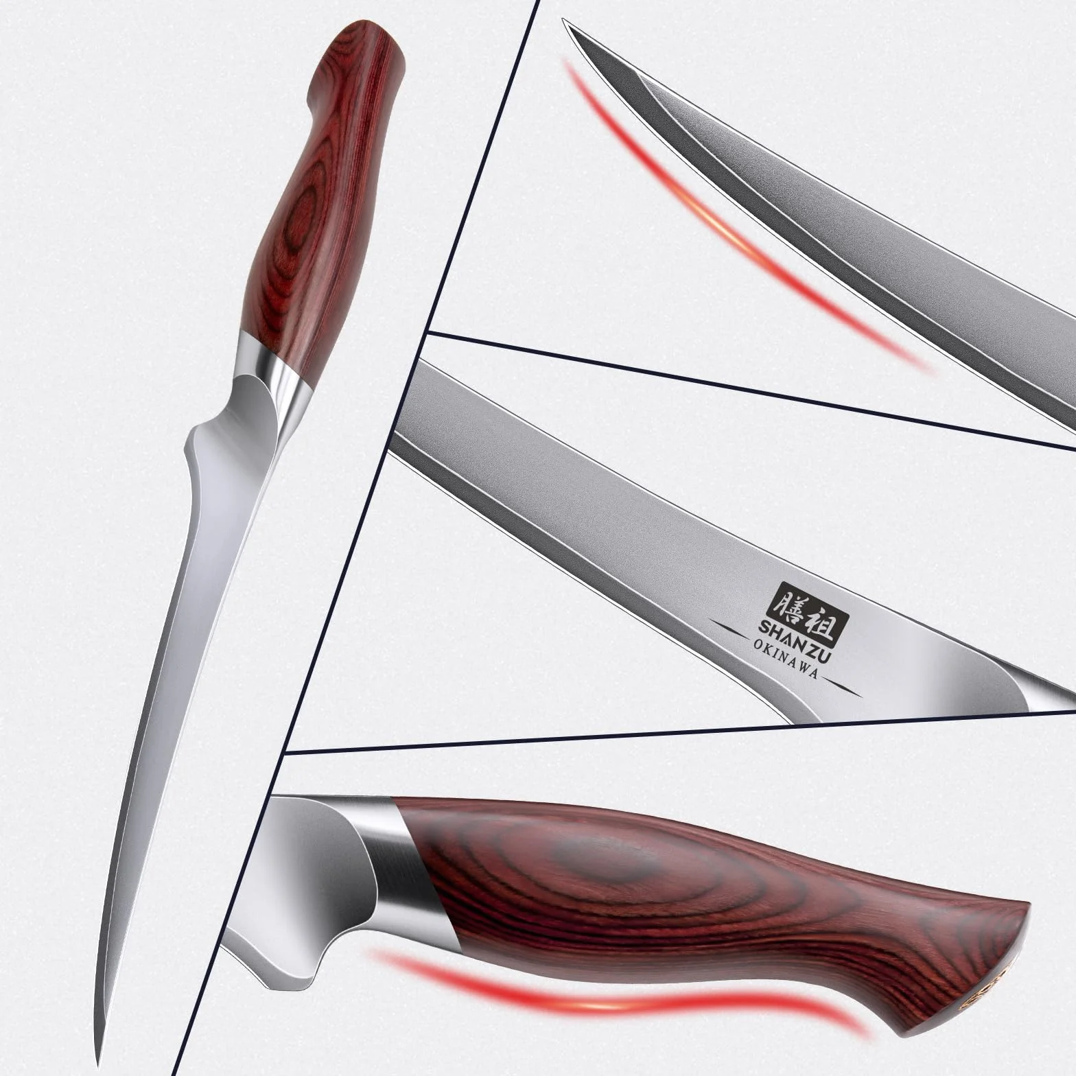 SHAN ZU Filetiermesser 18 cm, Scharfes Ausbeinmesser für Fleisch, Japanischem 10Cr15Mov-Superhartstahl, Profi Küchen-Fischmesser mit Flexibler Klinge und Ergonomischem Pakkaholzgriff- OKINAWA Series