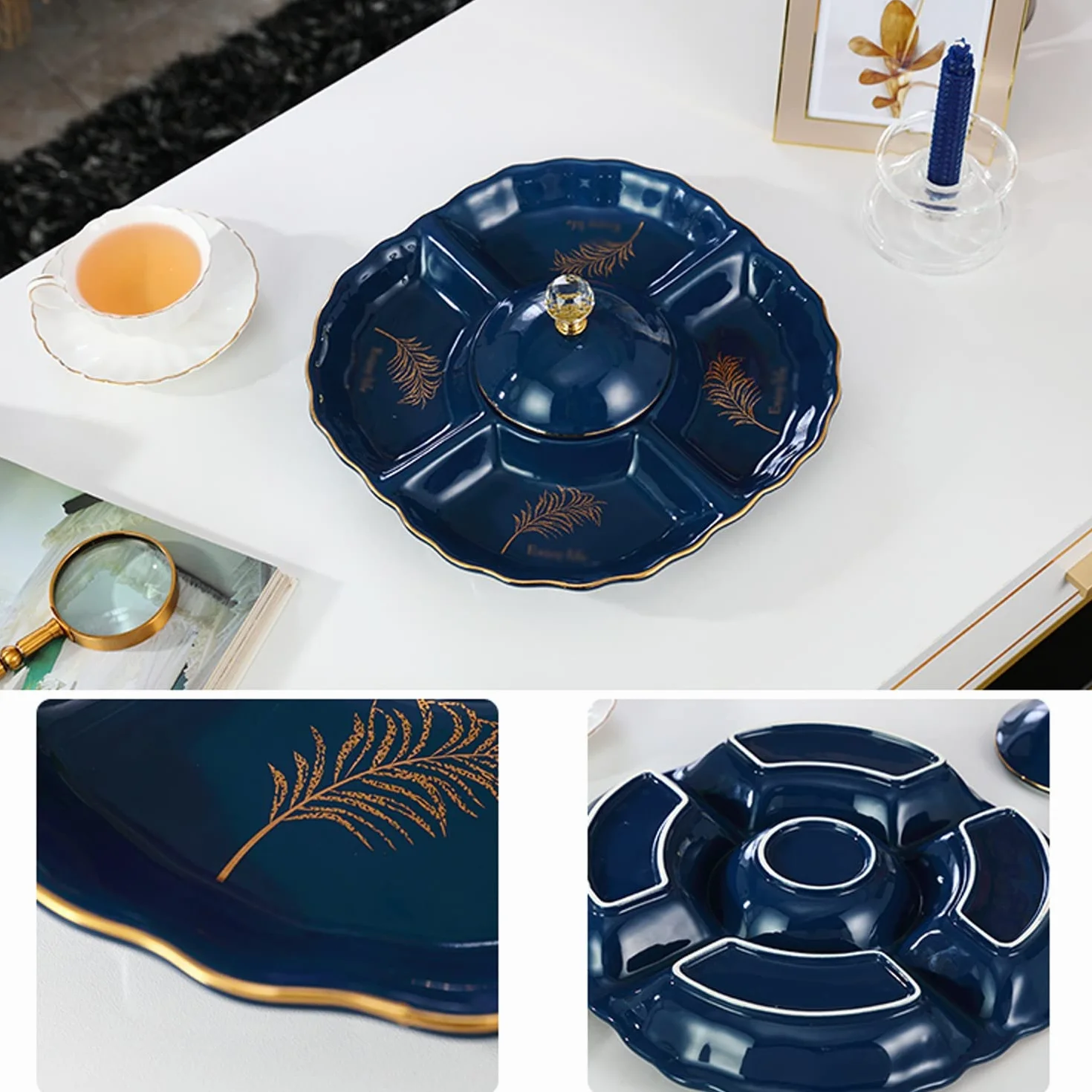 Ceramiczna miska na owoce, Wysokiej klasy ceramiczny talerz na suszone owoce z 5 siatkami, wykwintne przekąski taca cukierki, kompot orzechów i stojak jagody/niebieska(Blue)