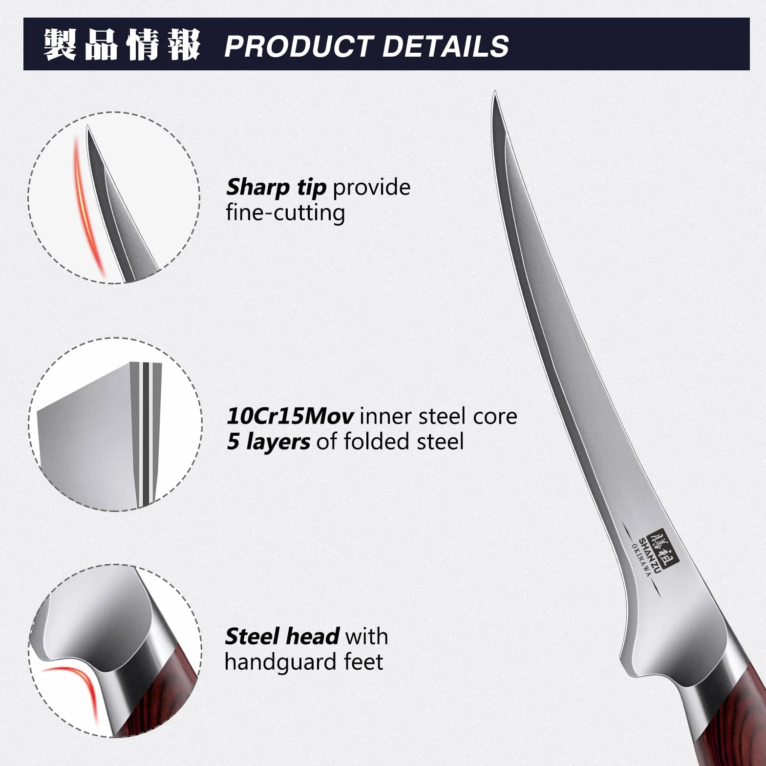 SHAN ZU Filetiermesser 18 cm, Scharfes Ausbeinmesser für Fleisch, Japanischem 10Cr15Mov-Superhartstahl, Profi Küchen-Fischmesser mit Flexibler Klinge und Ergonomischem Pakkaholzgriff- OKINAWA Series