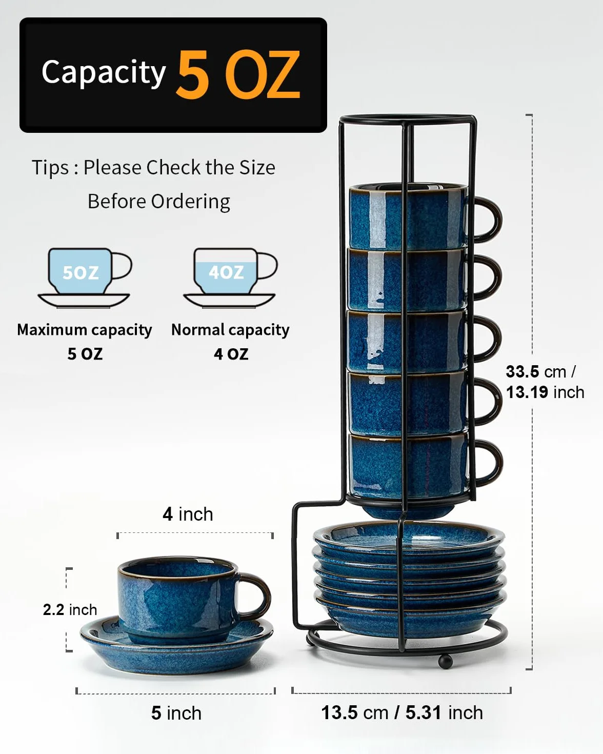HOME DECOR Zestaw filiżanek do espresso - reaktywny proces szkliwienia - 6 x 140 ml filiżanek do kawy z spodkiem i podstawką - Eleganckie ceramiczne filiżanki do espresso i latte - reaktywne