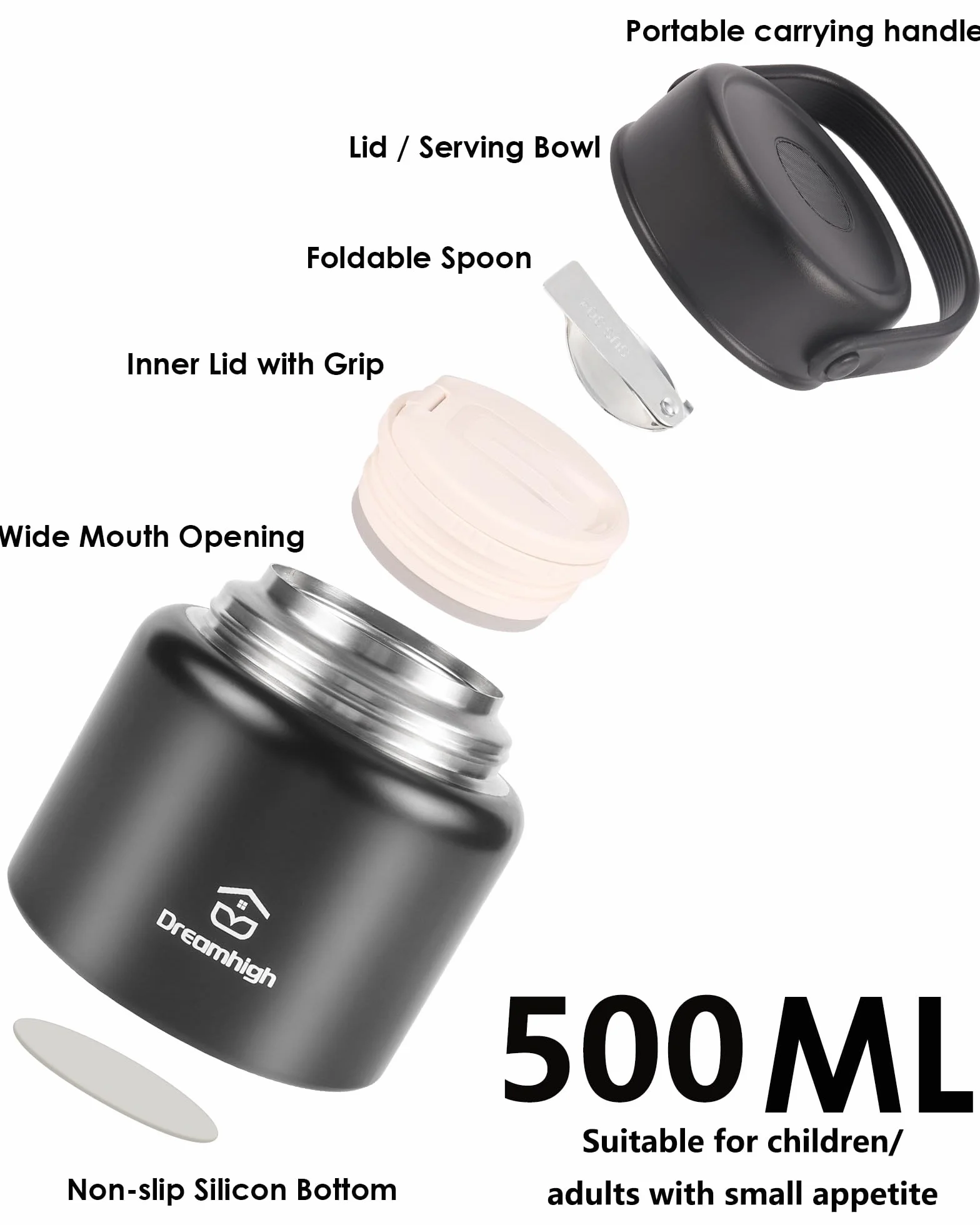 Dreamhigh® Pojemnik termiczny na żywność, 500 ml, ze stali nierdzewnej, z uchwytem, termos na jedzenie, szczelny, w zestawie łyżka, zachowuje 12 godzin ciepło, 12 godzin zimno (czarny, 500 ml)