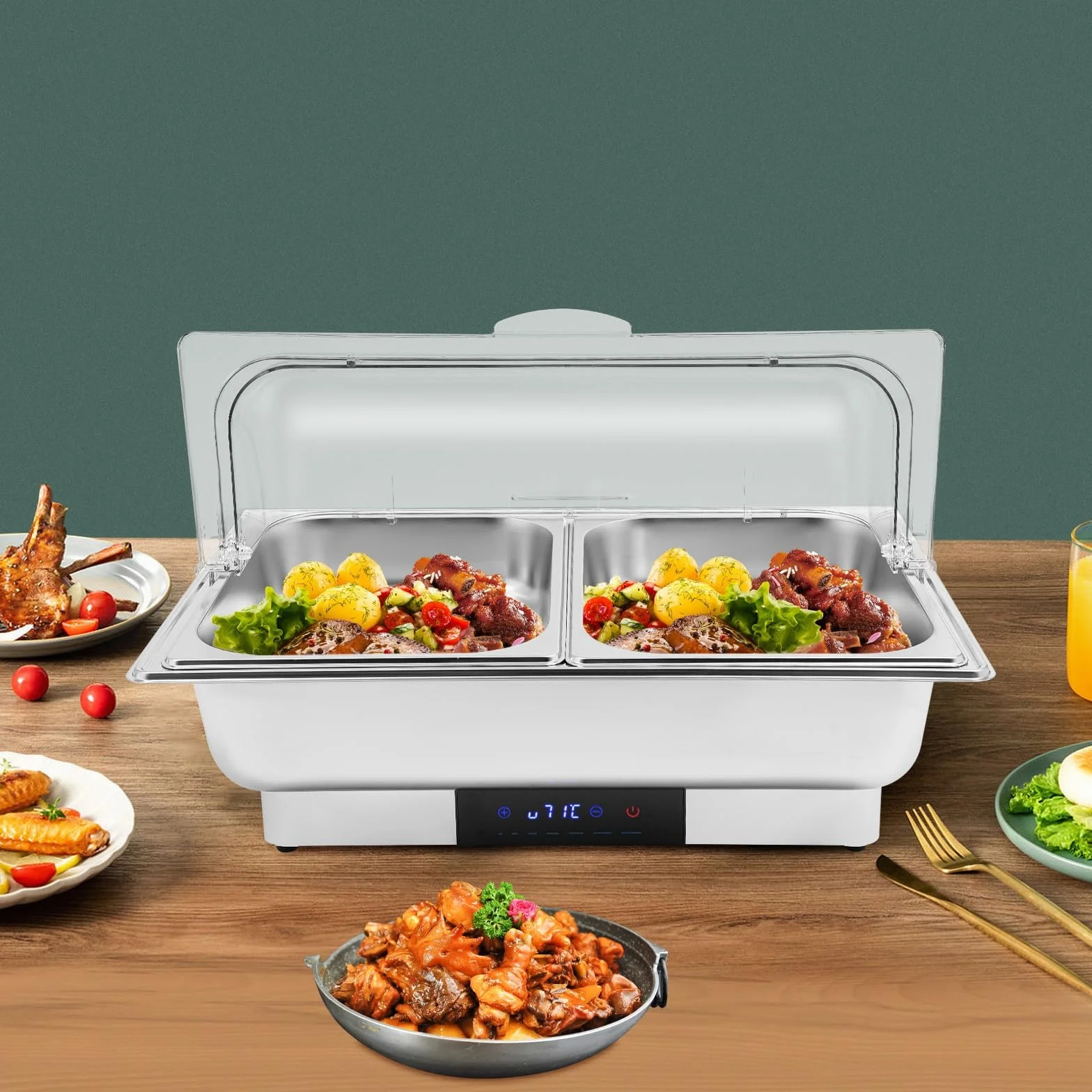 Elektryczny podgrzewacz do potraw Chafing Dish podgrzewacz do potraw na bufet ze stali nierdzewnej 9L 15L pojemnik na żywność z regulacją temperatury na imprezy, catering (2 przegród)