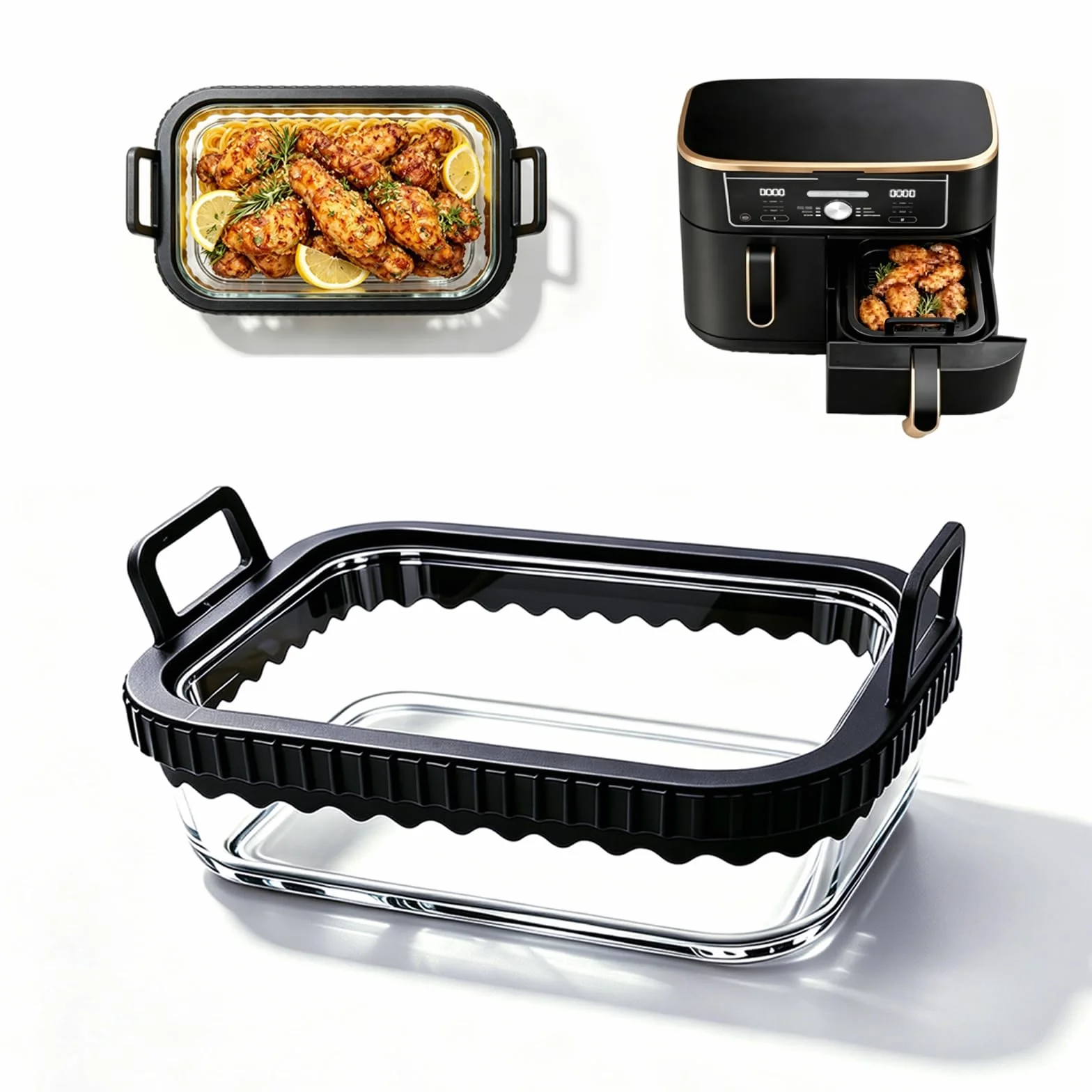 1 x szklana forma do zapiekanek Airfryer do Ninja Cosori z podwójną komorą (jedna sztuka) | Pasuje do Ninja AF400EU DZ400EU AF500EU, nie zawiera BPA, silikonowy pierścień wyjmowany, nadaje się do mycia w zmywarce