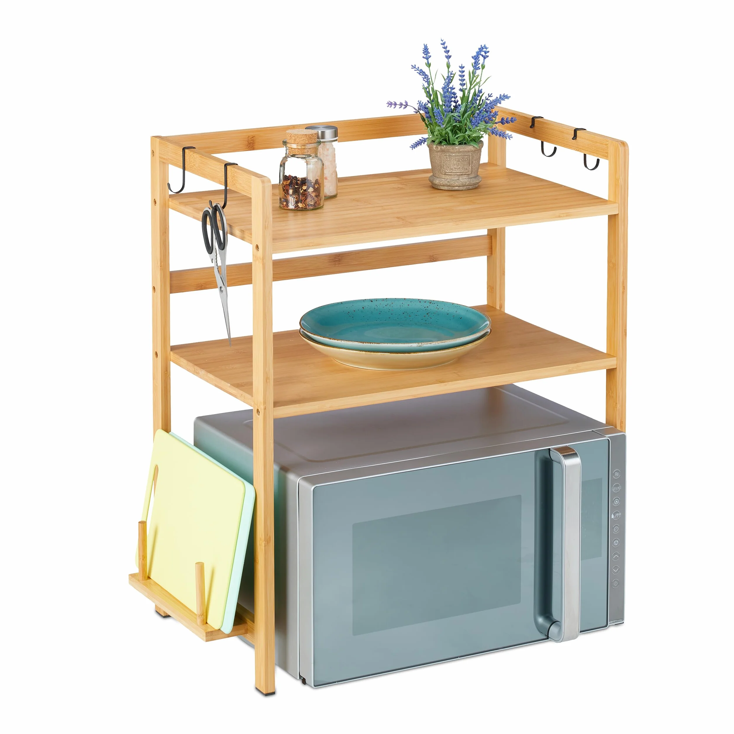 Półka do kuchenek mikrofalowych Relaxdays, wys. x szer. x gł.: 67 x 61 x 35 cm, bambus, 2 poziomy, 4 haczyki, naturalny