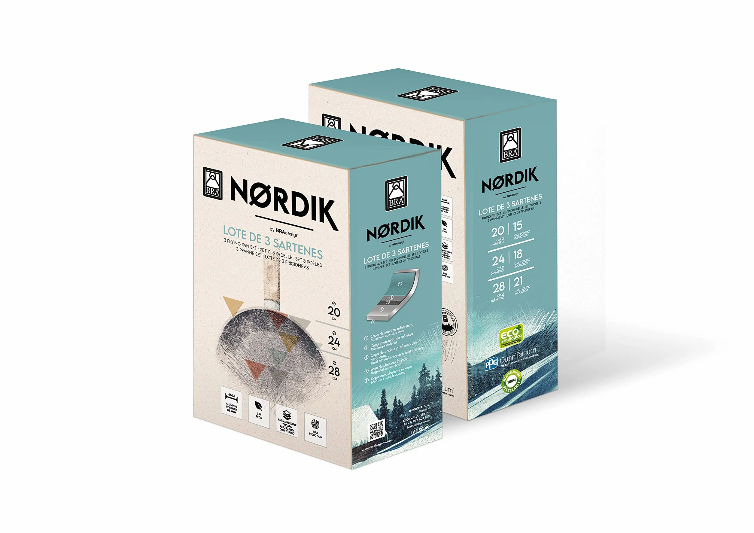 BRA NORDIK zestaw patelni 20-24-28 cm, kute aluminium z nieprzywierającą powłoką, nadają się do wszystkich rodzajów kuchenek, w tym indukcyjnych, turkus