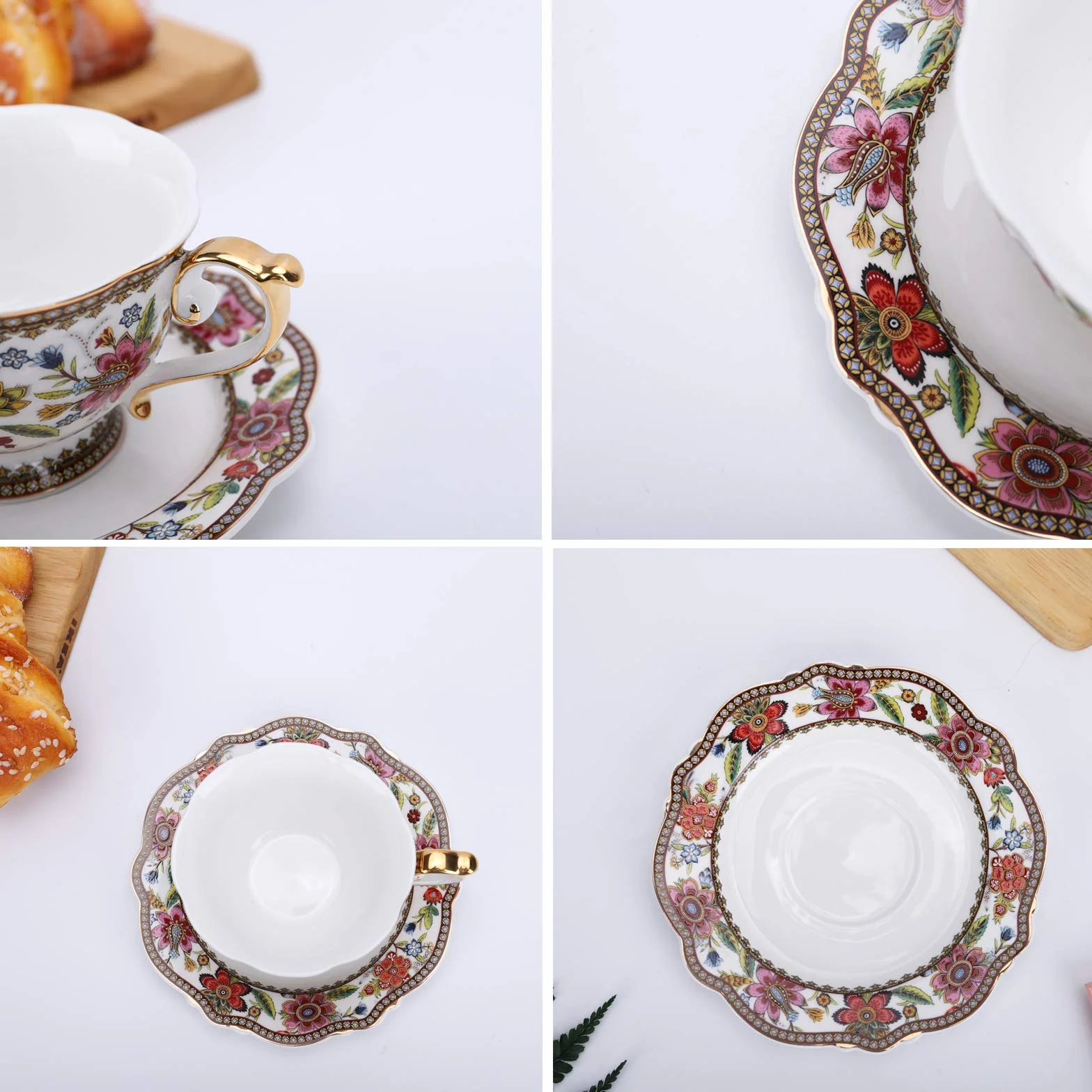 fanquare Filiżanka i spodek z chińskiej porcelany z motywem czerwonych kwiatów, vintage, porcelanowa filiżanka do kawy, 200 ml