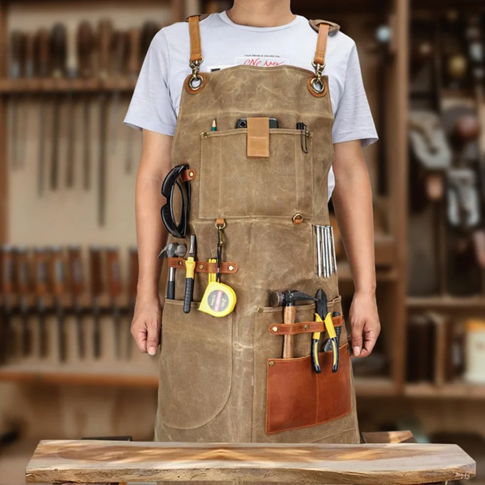 Fartuchy z kieszeniami, Stolarka z woskowanego płótna. Fartuch narzędziowy Skórzany patchwork.-Duty Multi-Pocket Multicolor