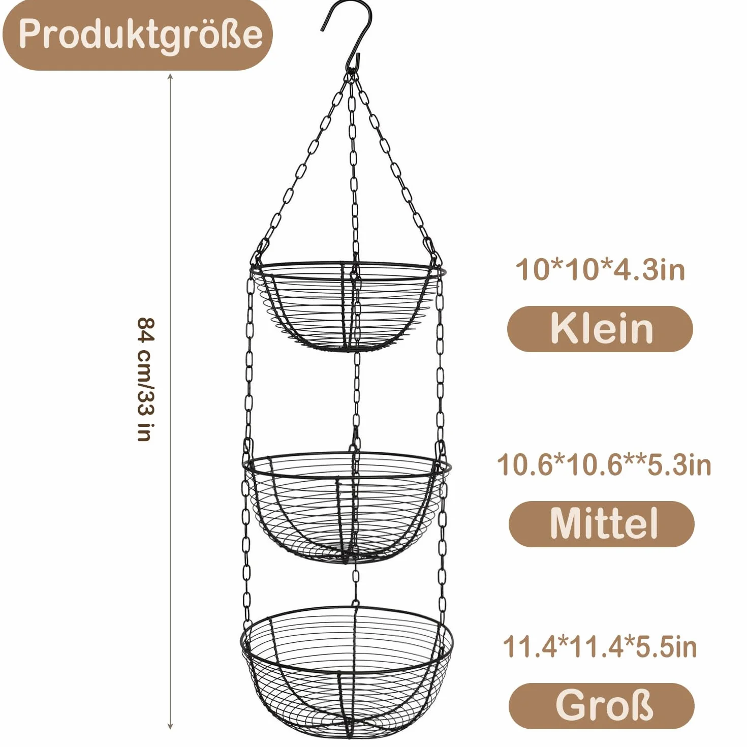 3-poziomowy wiszący kosz na owoce, metalowy, czarny, wiszący kosz na owoce z haczykiem, regulowany kosz wiszący do kuchni, idealny do przechowywania owoców, warzyw, chleba i żywności