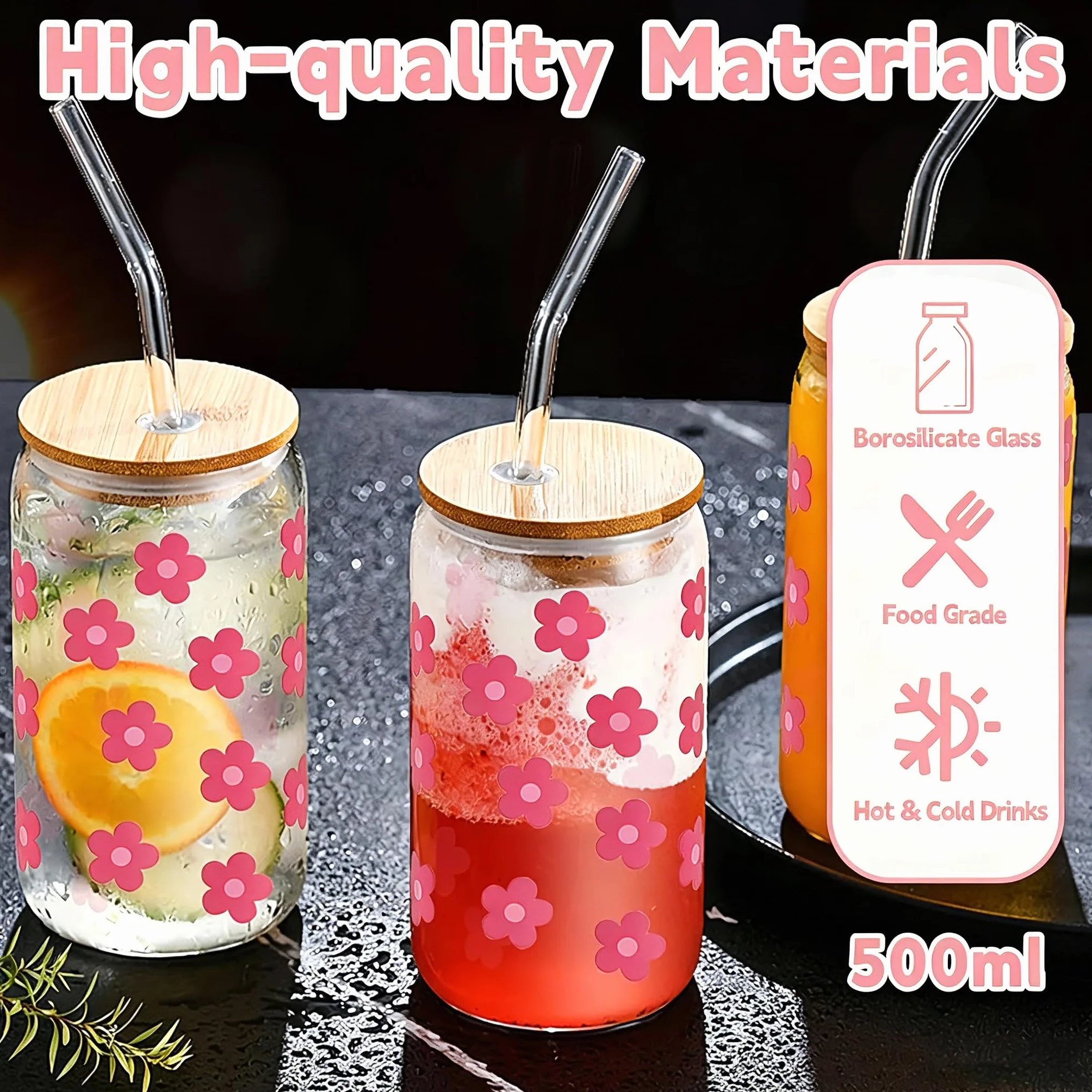 KATIMI Szklany kubek z kwiatami z pokrywką i słomką: 2 sztuki, 473 ml. Szklane kubki do bubble tea, kubeczki do lodów z pokrywką i słomką, różowy kubek z pokrywką i słomką do bubble tea, koktajlu