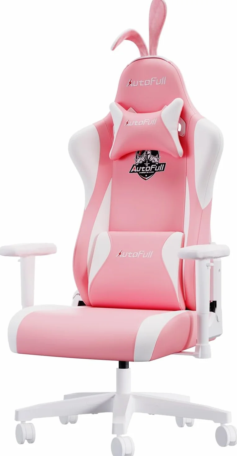 AutoFull Różowe ergonomiczne krzesło do gier, urocze krzesło biurowe, styl kawaii, skóra PU, wysokie oparcie, krzesła komputerowe z uszami królika i ogonem (3 lata gwarancji)