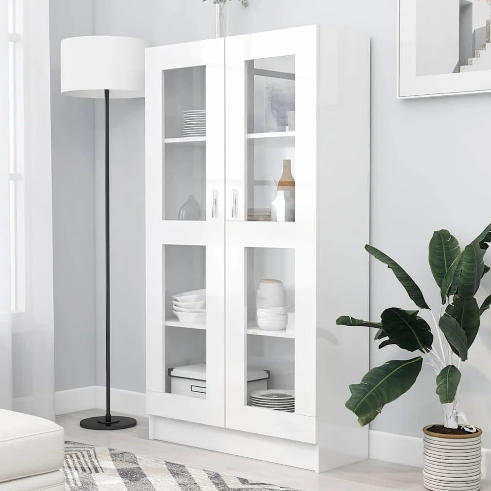 Szafa z witryny, wysoki połysk, biały, materiał drewnopochodny, 82,5 x 30,5 x 150 cm, z 4 półkami i 2 drzwiami, wolnostojąca, nie zajmuje dużo miejsca, do salonu, biura, sypialni, miejsca do