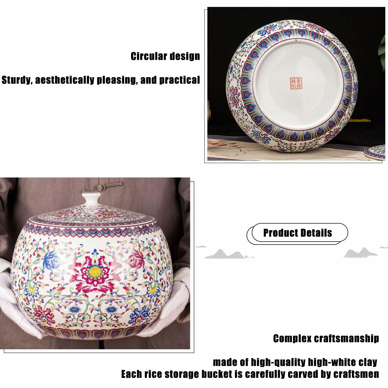 Ceramiczne wiadro na ryż z pokrywką, hermetyczny pojemnik do przechowywania żywności, na ryż, soję, mąkę kukurydzianą, płatki owsiane, pojemnik na blat