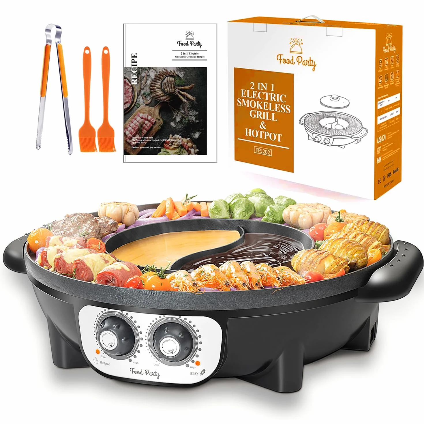 Food Party Hot Pot i grill elektryczny hotpot grill elektryczny 2 w 1, 220 V, 2200 W, do użytku wewnątrz i na zewnątrz, 42 cm, do fondue, raclette, dla 8 osób