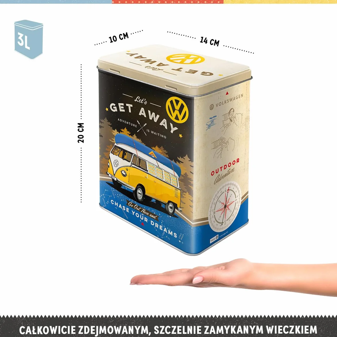 Nostalgic-Art Retro puszka L, 3 l, VW Bulli – Let's Get Away – Pomysł na prezent dla miłośnika Volkswagena Busa, Official License Product (OLP), duży pojemnik na kawę z metalu, Styl vintage