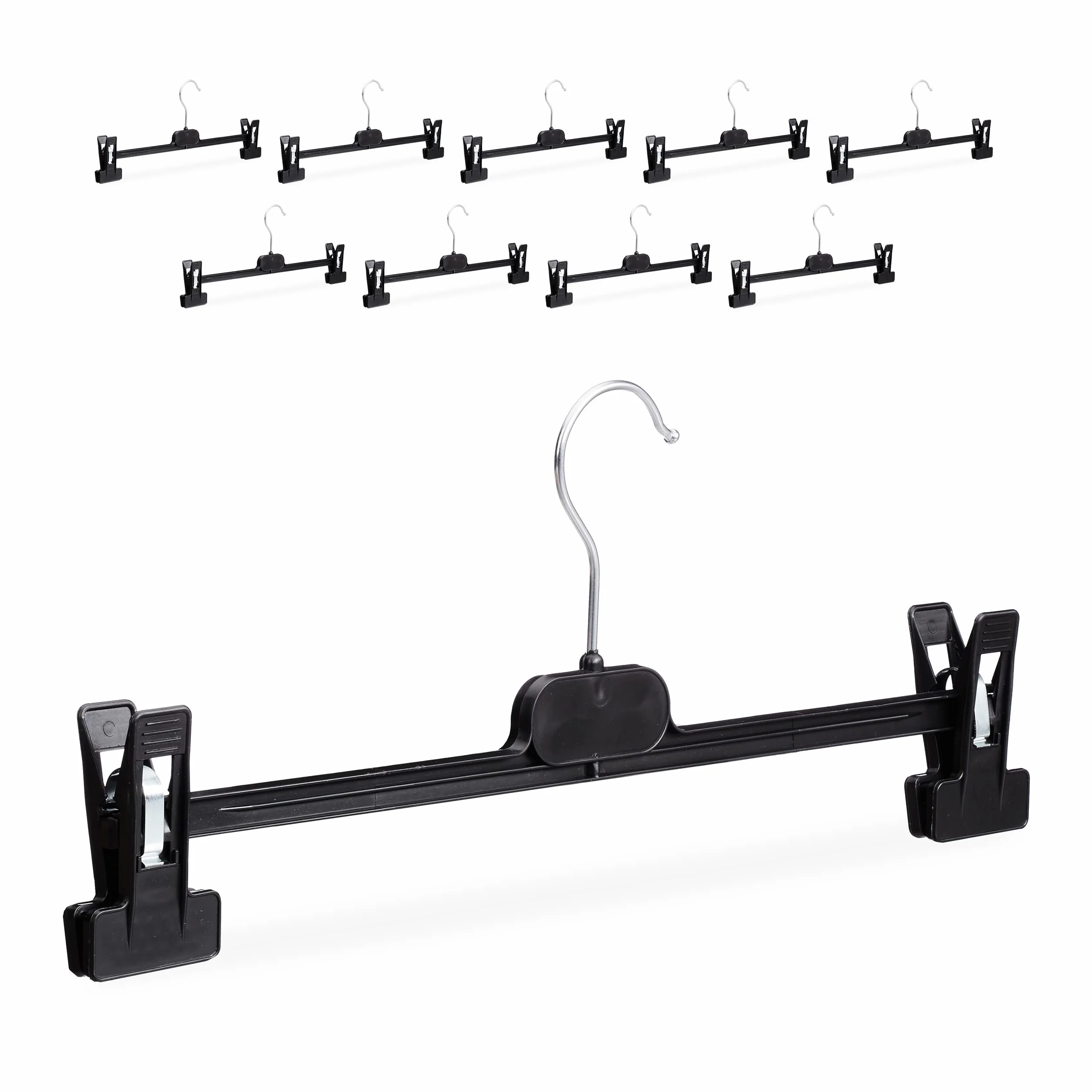 Relaxdays Plastikowe uchwyty do spodni zestaw 50 sztuk, regulowane wieszaki zaciskowe, obrotowe metalowe haczyki, HWD: 14 x 36 x 3 cm, czarne