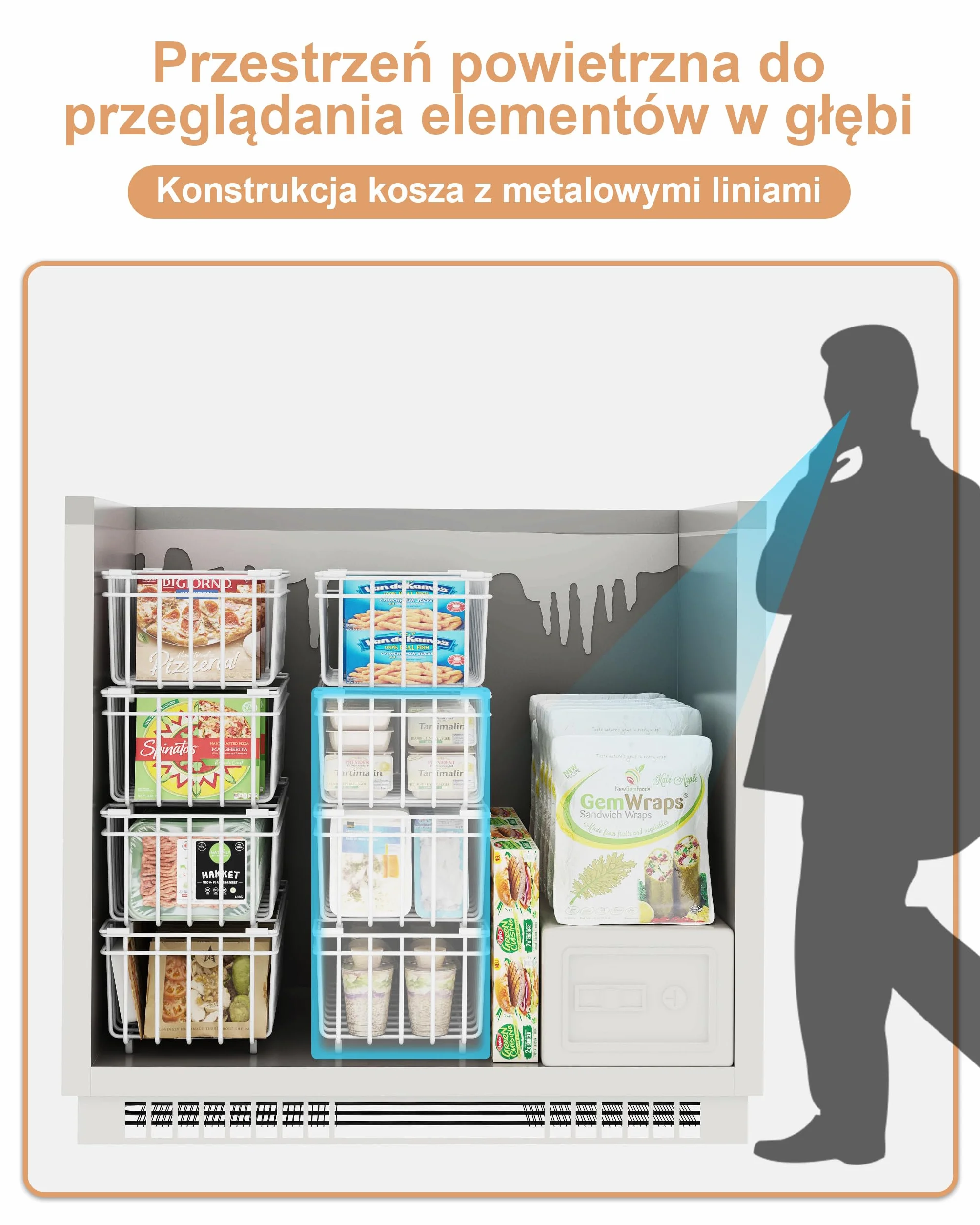 UMDONX 4-częściowy kosz do zamrażania, Biały, można układać w stos z uchwytem, łatwy dostęp, na mrożonki o pojemności 198 l, do organizacji mrożonych składników (37 x 18 x 15 cm)