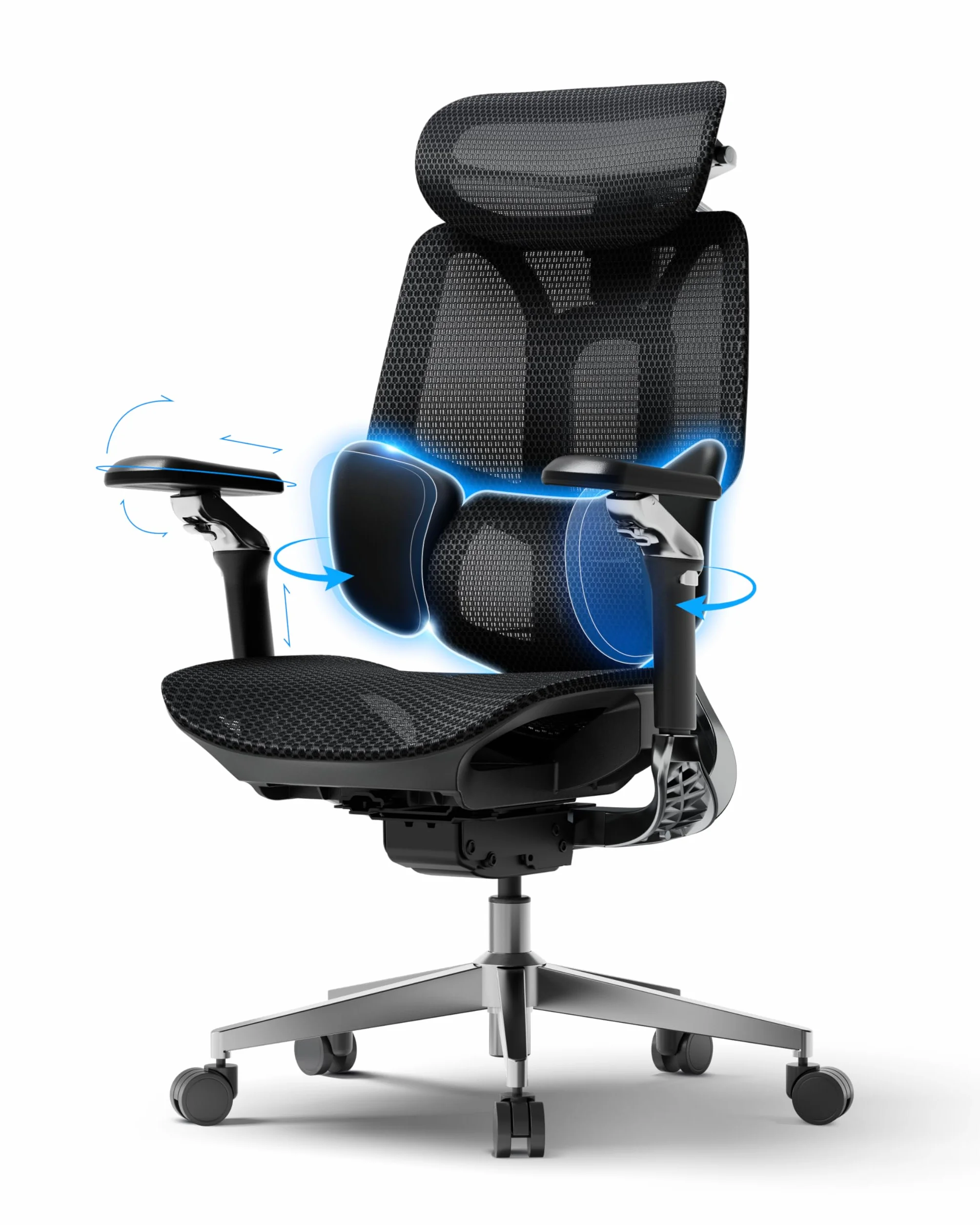 Hbada E3 Pro Edycja 2026 Ergonomiczne Krzesło Biurowe, Ergonomiczny Fotel Siatkowy z 3-strefowym Pływającym Wsparcie Lędźwiowym, Zagłówek 4D, Podłokietniki 720° (Czarne, Bez podnóżka)