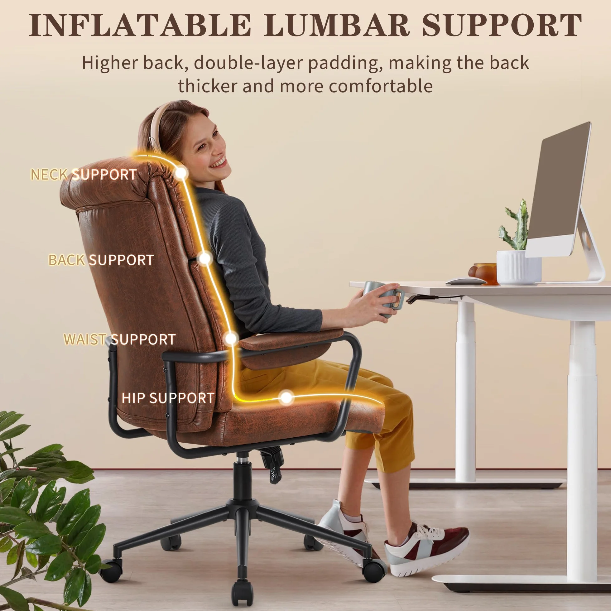 IWMH Krzesło biurowe, Ergonomiczne krzesło biurowe do gabinetu, obrotowe z podparciem lędźwiowym, wysokie oparcie, fotel szefa z regulacją wysokości, krzesło komputerowe do biura, salonu, sypialni