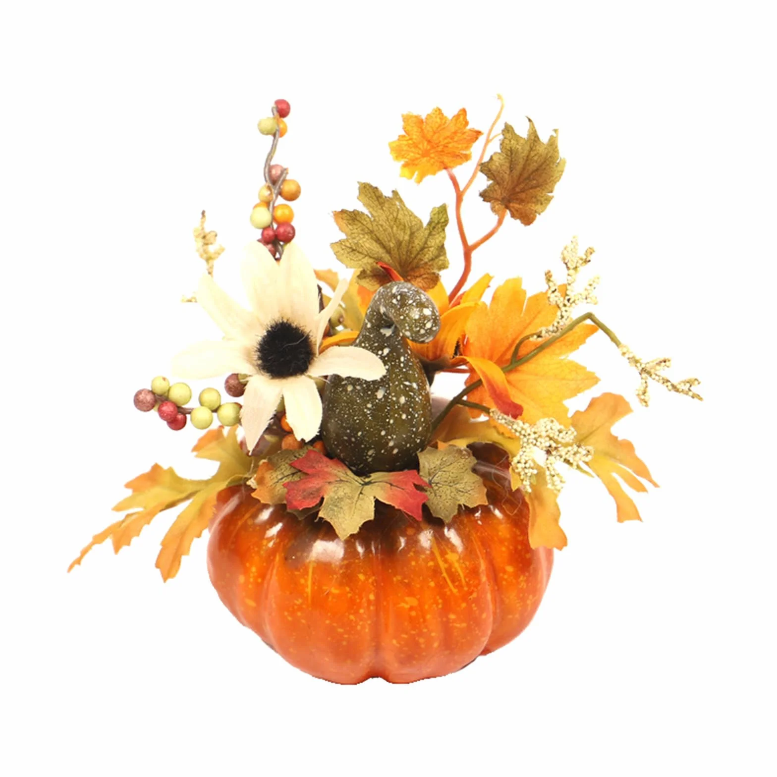 ENLACE dekoracja dyni, sztuczne dekoracje dyni ze słonecznikiem i zielenią, zakrzywiony melon, dekoracja stołu na Halloween, Święto Dziękczynienia, Święto Plonów i jesienną dekorację