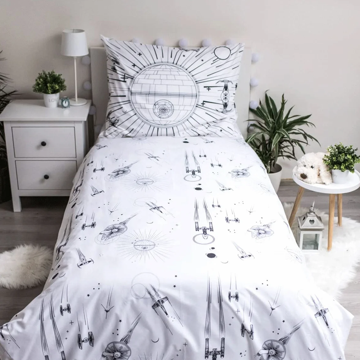 Jerry Fabrics Gwiezdne Wojny Gwiazda Śmierci Statki Kosmiczne Świecące w Ciemności Czarno-Biała Kołdra 140 x 200 cm Poszewka na poduszkę 70 x 90 cm z zamkiem błyskawicznym dla dzieci i dorosłych