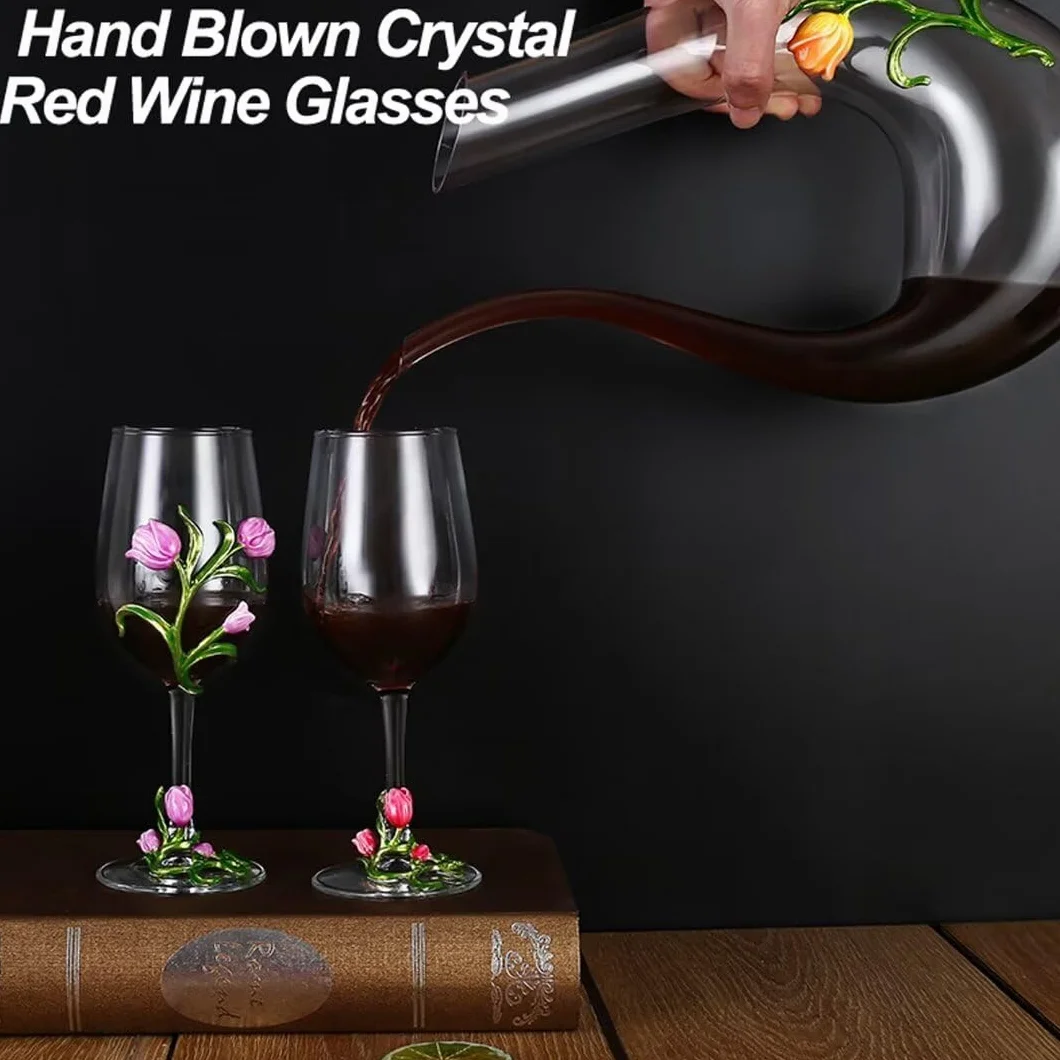 Emaliowana szklana karafka do wina, bezołowiowy kryształowy kielich, 350 ml, dekoracyjny zestaw upominkowy z długim uchwytem, eleganckie pudełko na prezent ślubny (żółty - 2 sztuki)