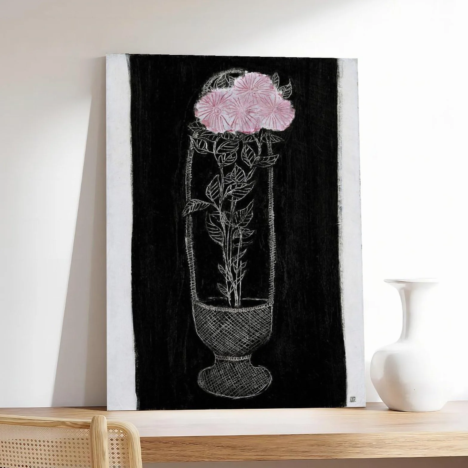 ANFOTCM Sanyu, różowe chryzantemy w koszu, plakaty na płótnie sztuka ścienna sypialnia biuro pokój dekoracja prezent 60 x 90 cm