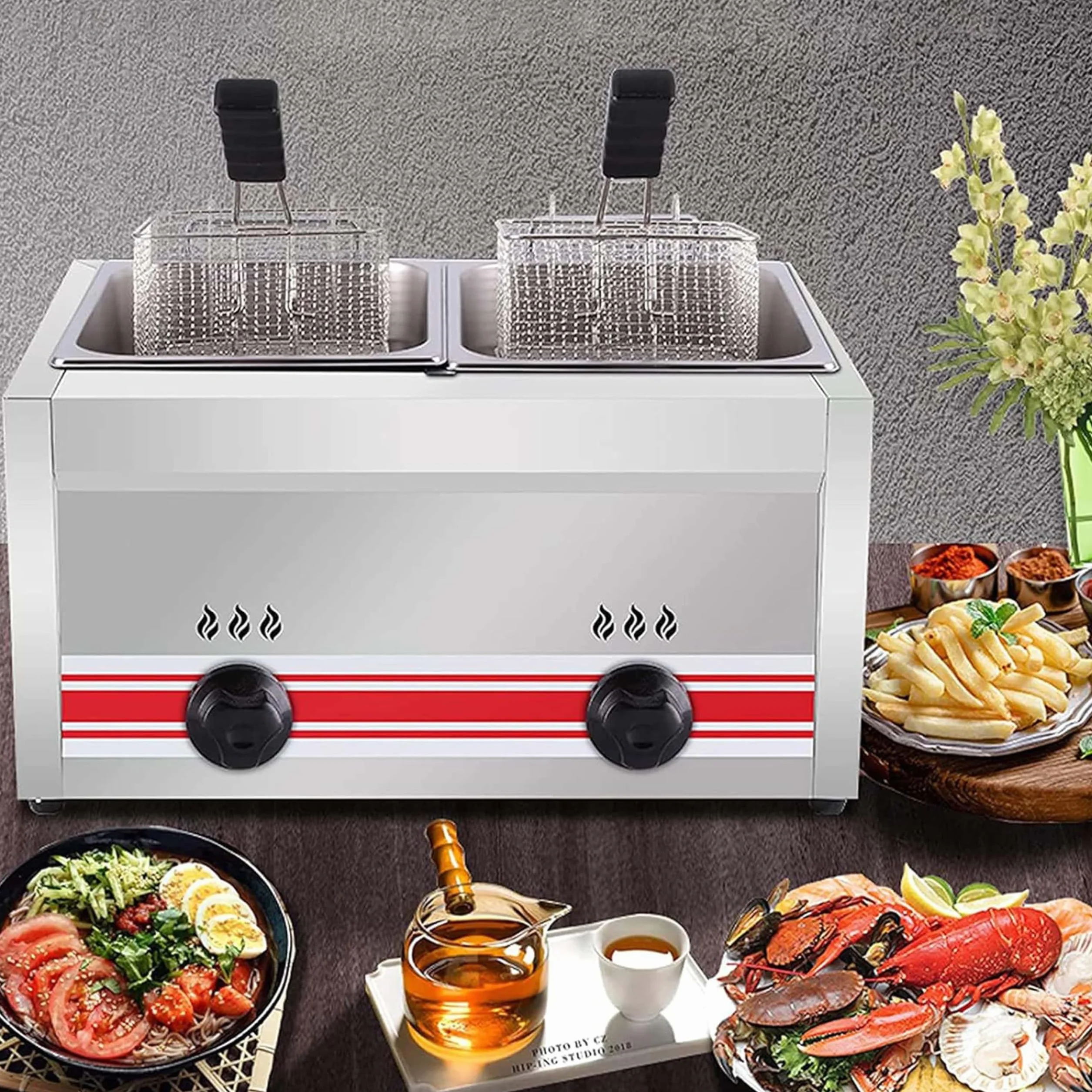 Frytownica 10L/20L/30L, frytownica gazowa z antypoślizgową, łatwą do czyszczenia regulacją temperatury Frytownica ze stali nierdzewnej z koszem i pokrywką,Triplecylinder10L+10L+10L