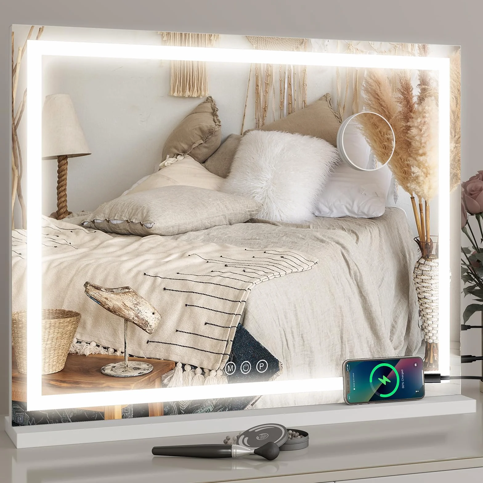 YOURLITE Hollywood podświetlane lusterko do makijażu 70x57cm, 3 kolory ściemnialna toaletka LED, powiększona 10x, przełącznik dotykowy, port USB, białe