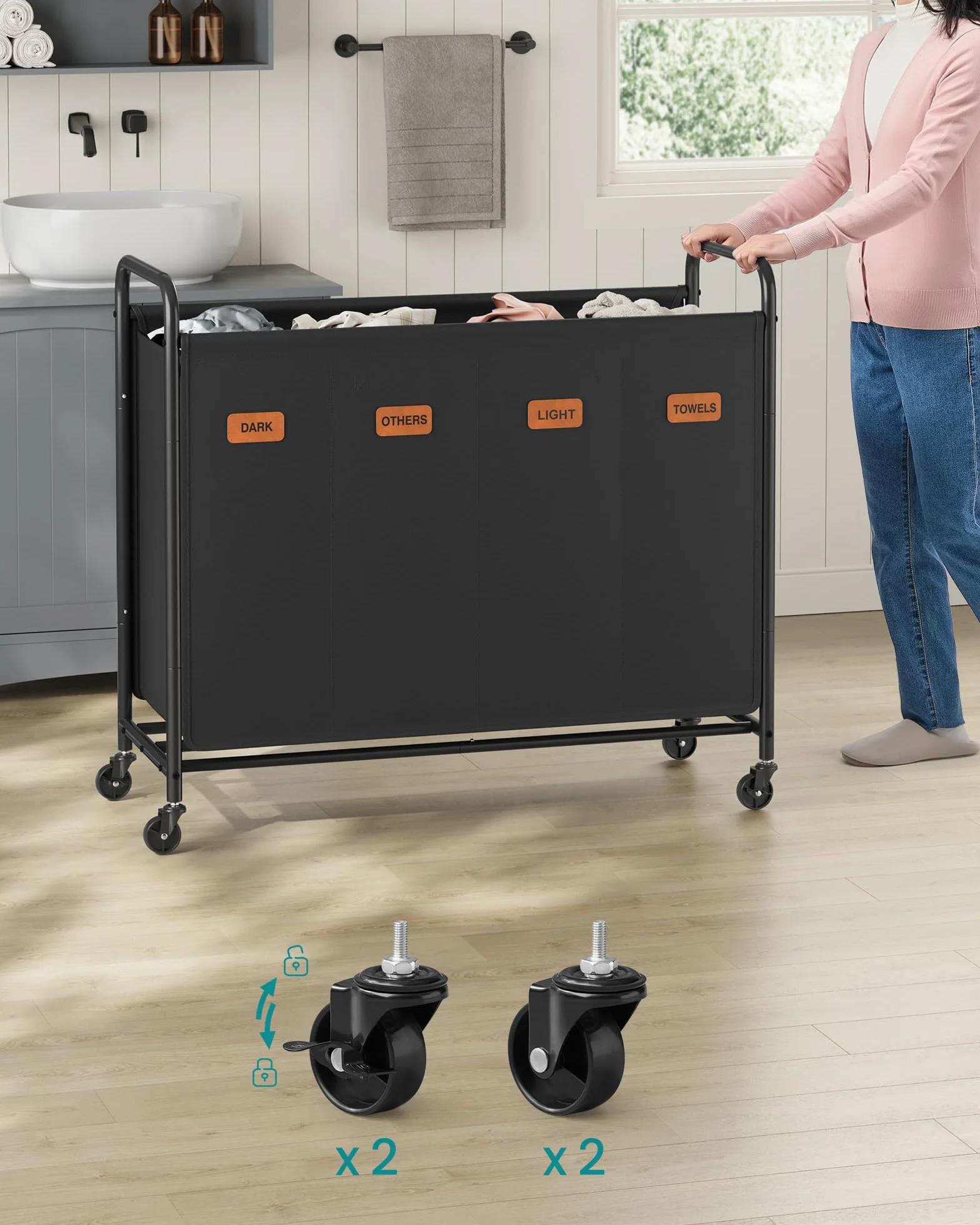 SONGMICS Rolling Laundry Basket 4-komorowy 200-litrowy sorter prania mobilny wózek czarny RLS460B01