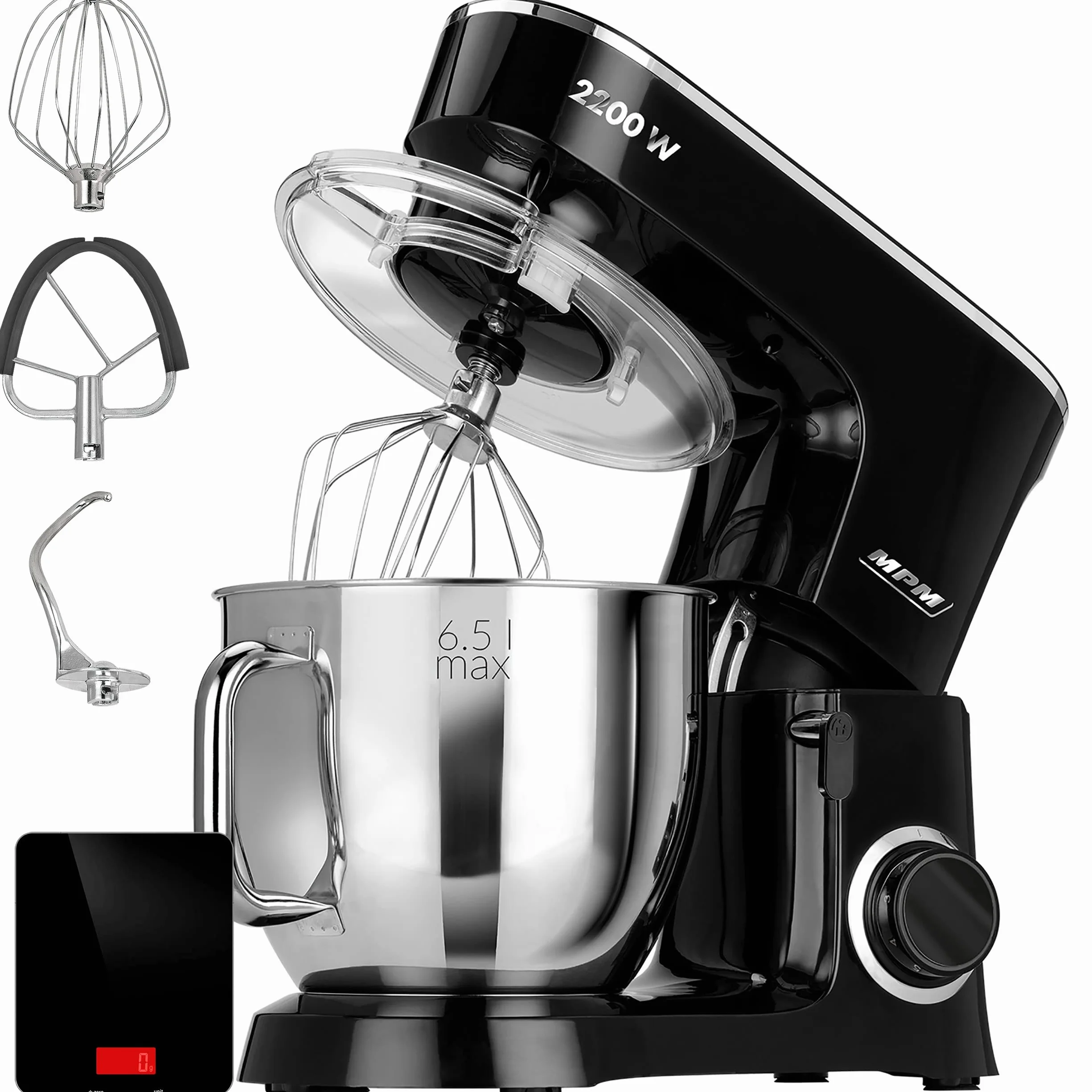 MPM MRK-19B robot kuchenny, piekarnia, profesjonalny blender, ugniatarka, ciasto, orbital + waga, 2200 W, maks. 6,5 l, miska ze stali nierdzewnej, 6 stopni prędkości + funkcja pulsu, system