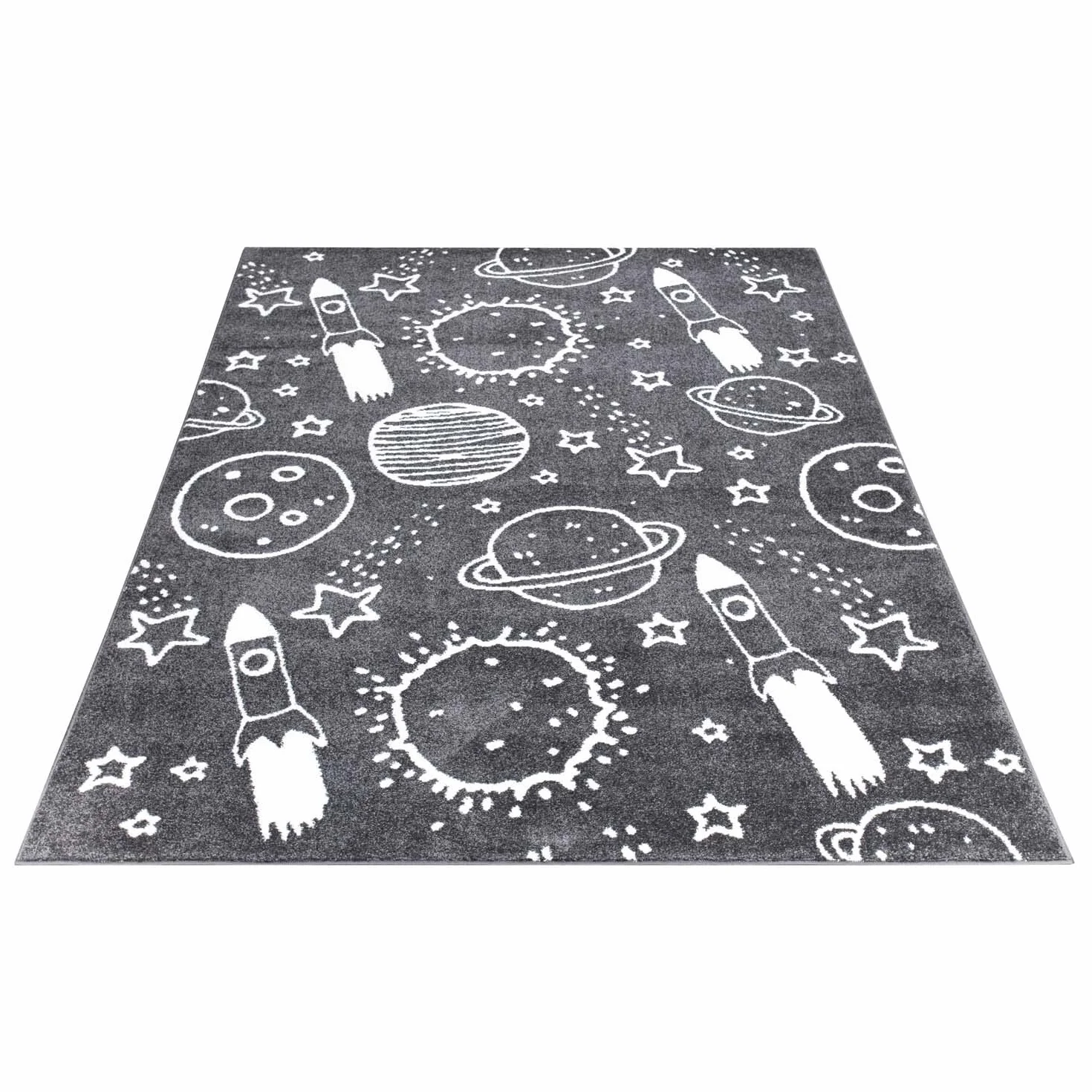 carpet city Dywan do pokoju dziecięcego, motyw kosmosu, ciemnoszary, 140 x 200 cm, dywan dziecięcy z krótkim włosiem z gwiazdkami, rakietami, planetami, miękkie runo