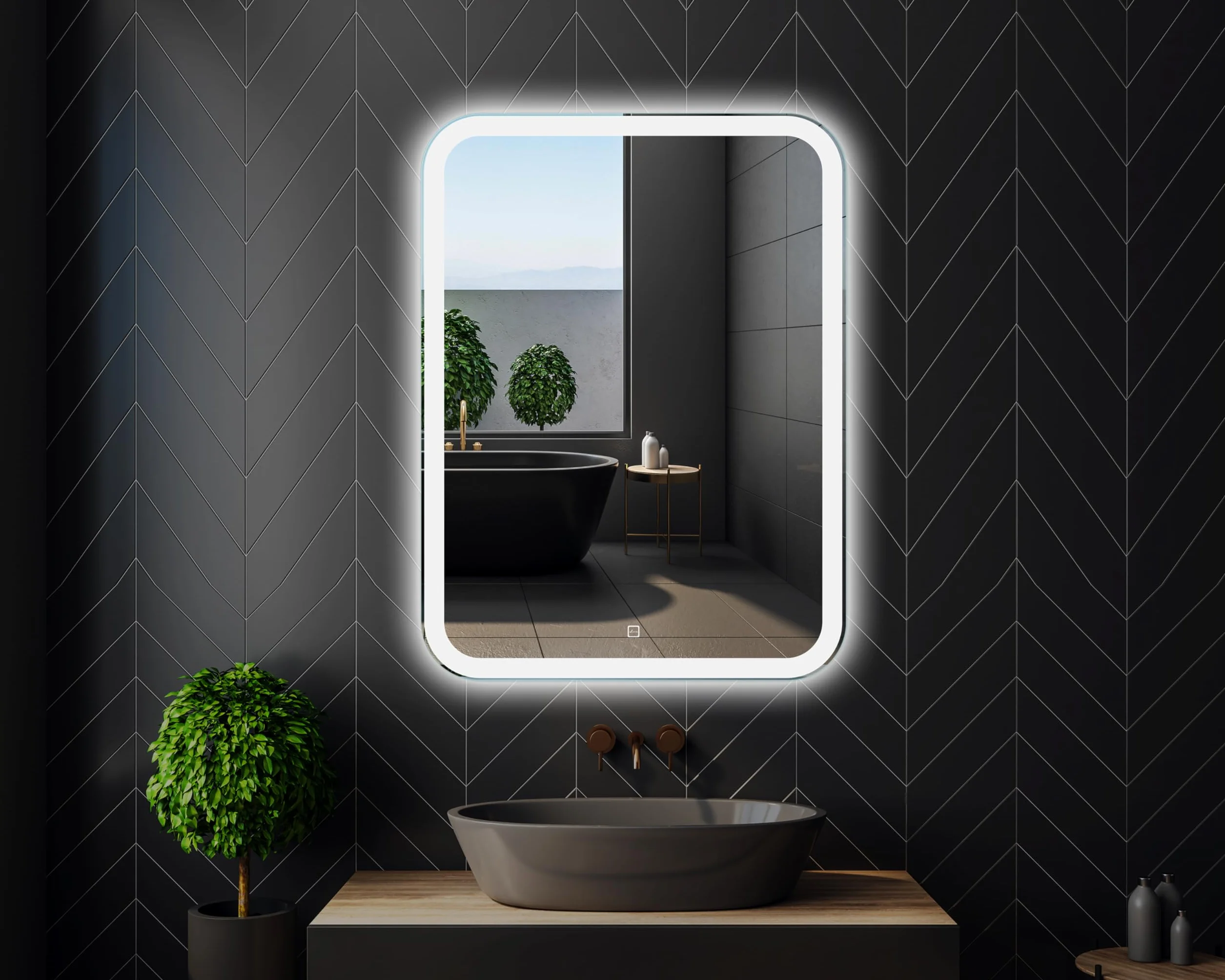 50x70 cm Prostokątne lustro łazienkowe z oświetleniem LED, Podświetlone lustro z włącznikiem, Zaokrąglone prostokątne lustro łazienkowe z naturalnym białym światłem, Podświetlane z przodu