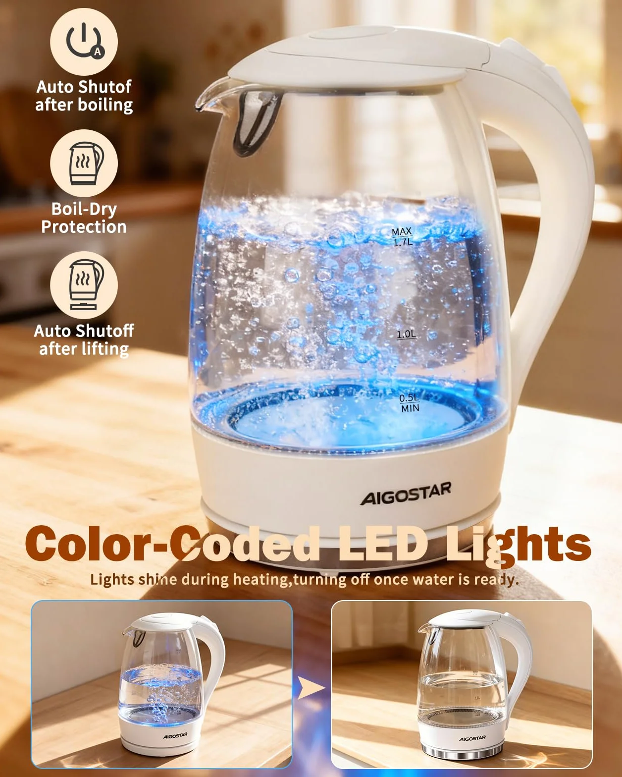 Aigostar Eve 30GON- Szklany czajnik z podświetleniem LED, 2200W, 1.7 L. Zabezpieczenie przed przegrzaniem, BPA Free, Biały ekskluzywny projekt