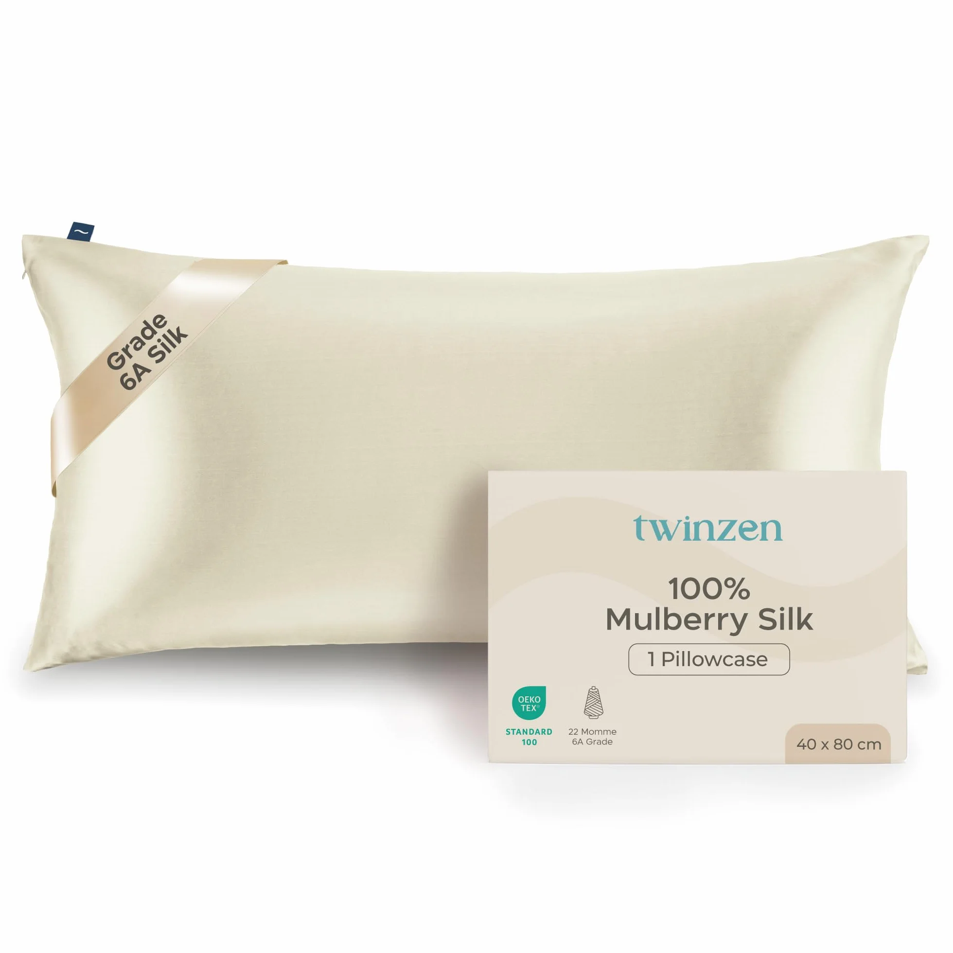 Poszewka na poduszkę Twinzen 100% jedwabna – Oeko-Tex – 22 Momme, klasa 6A, do włosów i skóry – poszewka na poduszkę jedwabna, 1 sztuka – biała, 40 x 80 cm