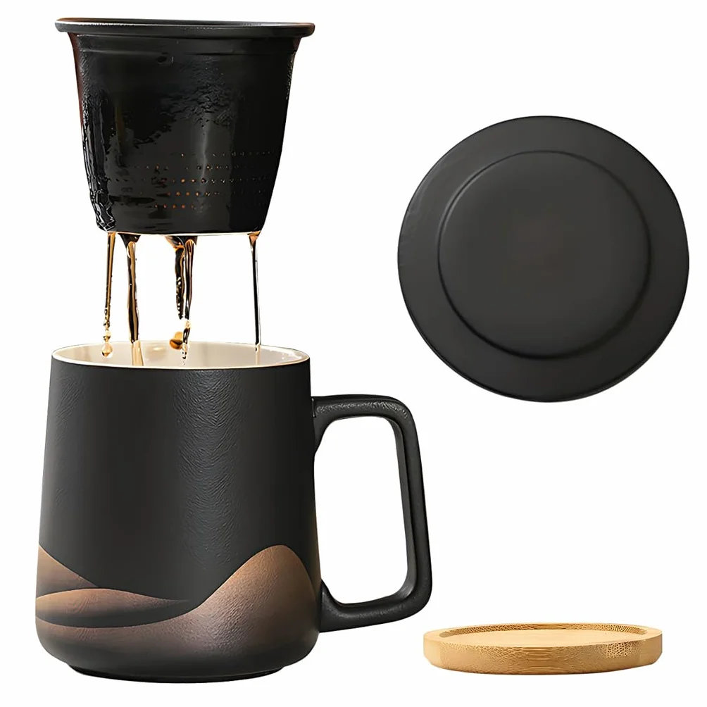 Filiżanka do herbaty z pokrywką i sitkiem, 360 ml, z sitkiem do herbaty i pokrywką, matowa, ceramiczna, prezent dla miłośników herbaty, ręcznie spryskiwana, czarna glazura